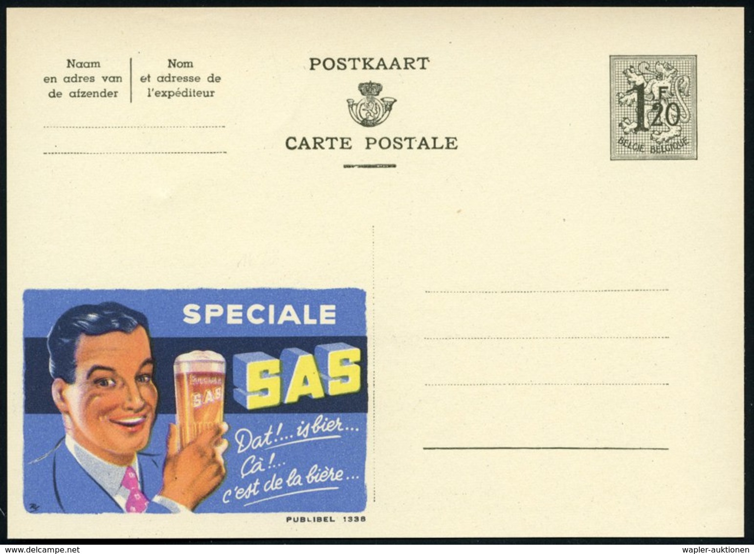 1954 BELGIEN, 1,20 F. Publibel-Ganzsache: SPECIALE SAS.. (Mann Mit Bierglas) Ungebr. (Mi.P 289 II / 1338) - Bier / Beer  - Other & Unclassified