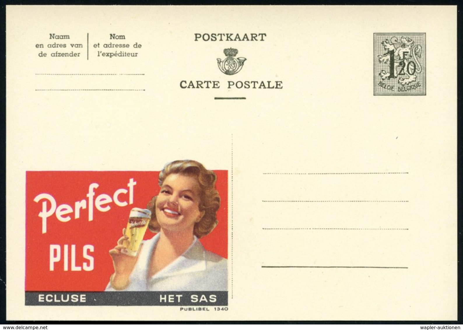 1954 BELGIEN, 1,20 F. Publibel-Ganzsache: Perfect PILS.. (Frau Mit Bierglas) Ungebr. (Mi.P 289 II / 1340) - Bier / Beer  - Other & Unclassified