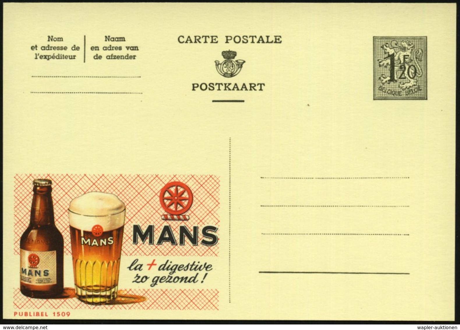 1954 BELGIEN, 1,20 F. Publibel-Ganzsache: MANS.. (Bierglas U. Bierflasche) Ungebr. (Mi.P 289 I / 1509) - Bier / Beer / B - Other & Unclassified