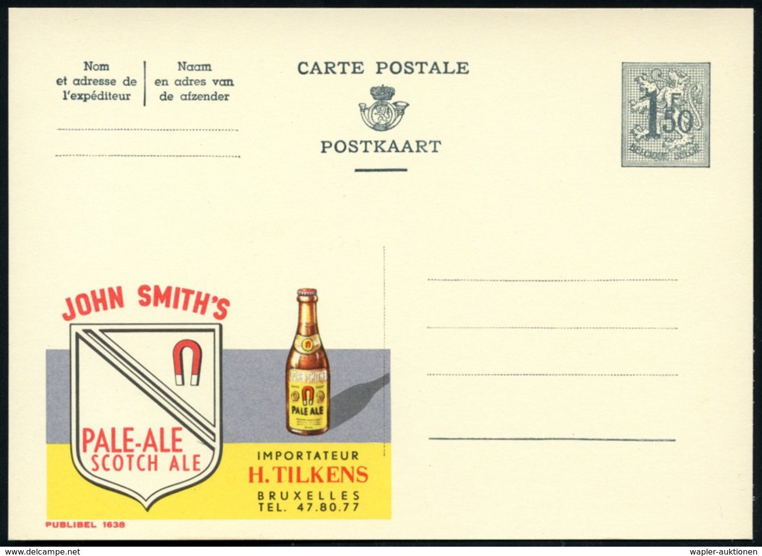 1959 BELGIEN, 1,50 F. Publibel-Ganzsache: JOHN SMITH'S PALE-ALE SCOTCH ALE.. (Wappen Mit Hufeisen, Bierflasche) Ungebr.  - Other & Unclassified