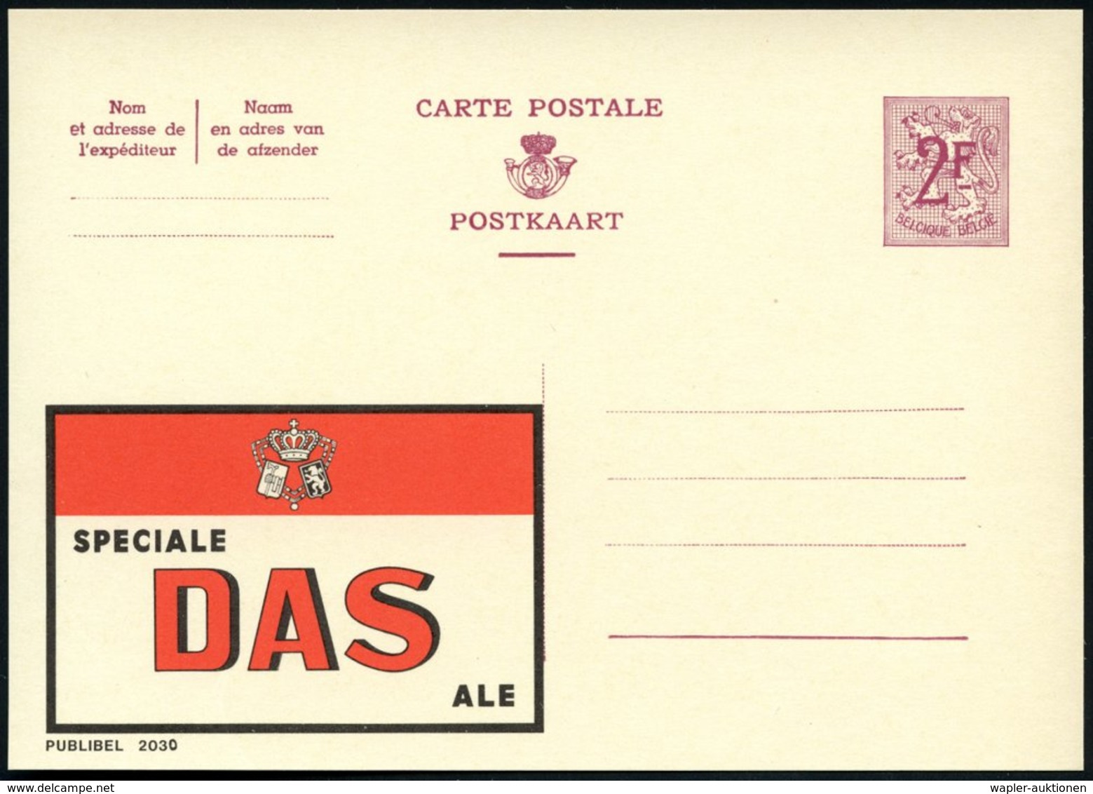 1959 BELGIEN, 2 F. Publibel-Ganzsache:  SPECIALE DAS ALE (Krone U. Wappen) Ungebr. (Mi.319 I / 2030) - Bier / Beer / Bié - Other & Unclassified