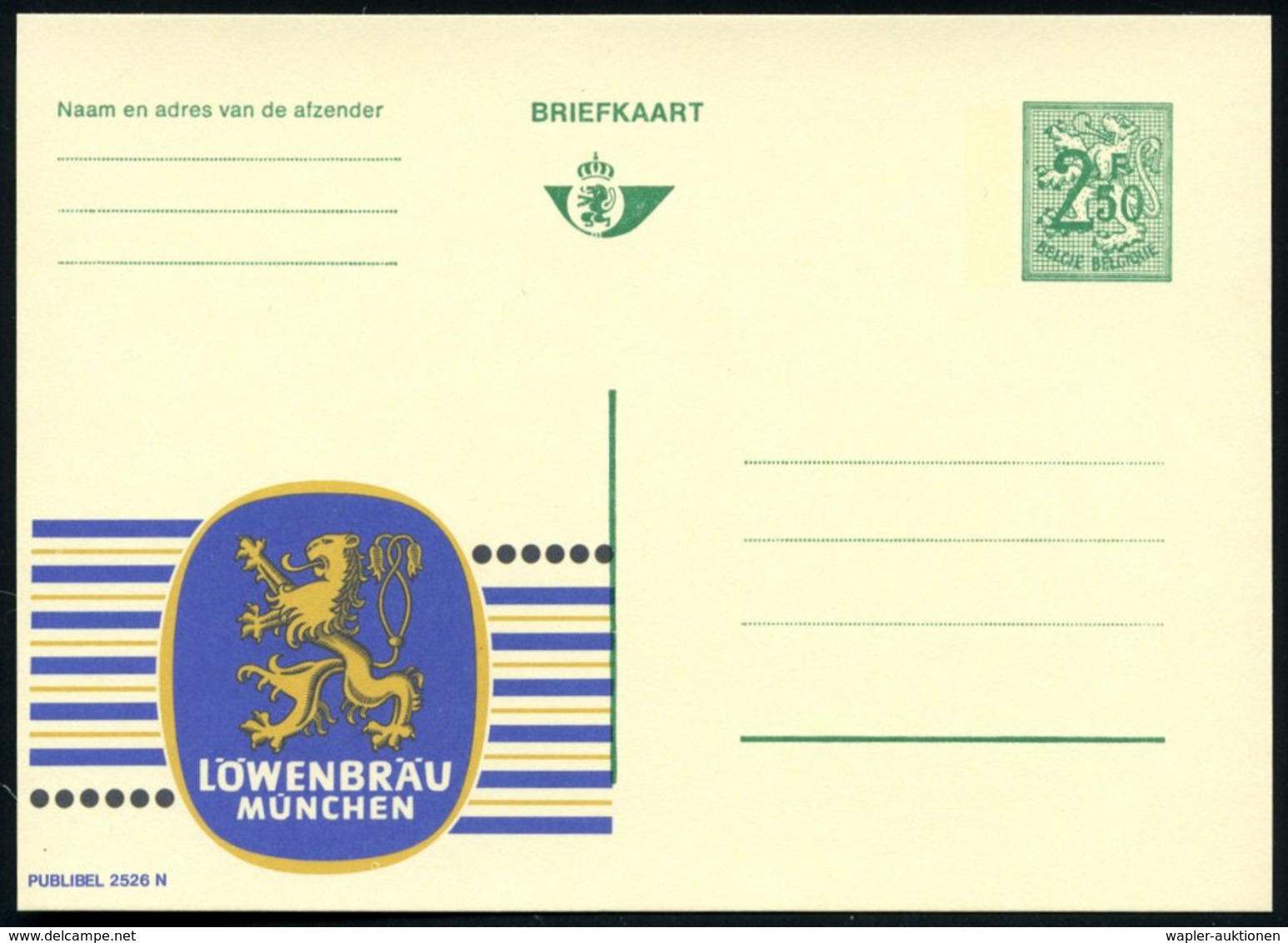 1970 BELGIEN, 2,50 F. Publibel-Ganzsache: LÖWENBRÄU MÜNCHEN (Logo: Wappenlöwe) Nur Flämischer Titel, Ungebr. (Mi.P 324 I - Other & Unclassified