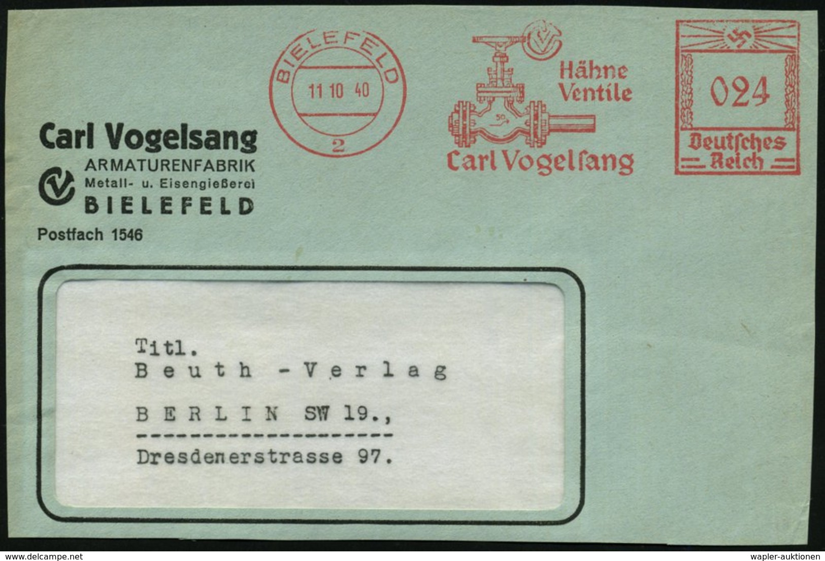 1940 (11.10.) BIELEFELD 2, Absender-Freistempel: Hähne, Ventile, Carl Vogelsang (Absperrventil) Kleine Firmen-Vorderseit - Sonstige & Ohne Zuordnung