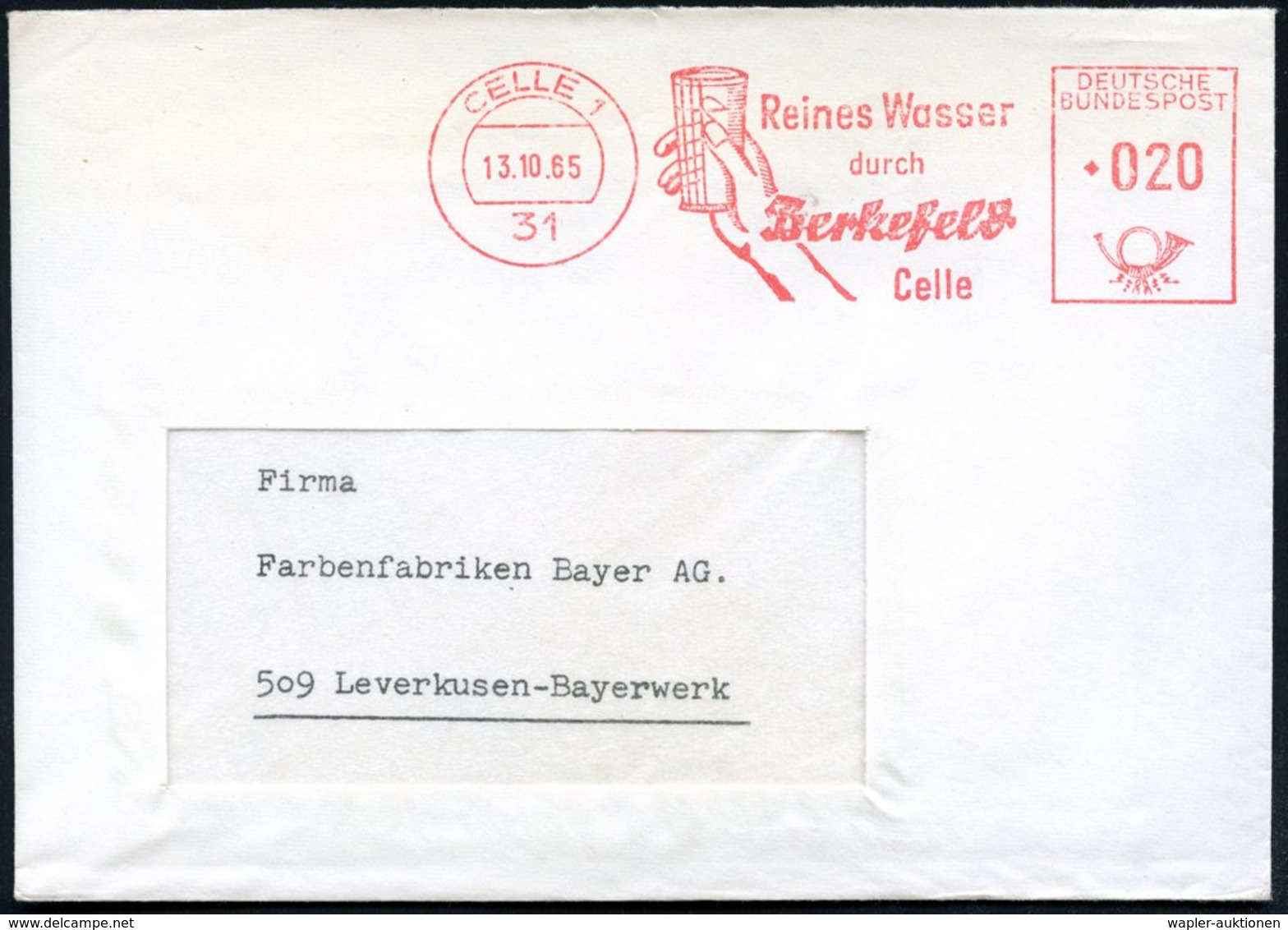 1965 (13.10.) 31 CELLE 1, Absender-Freistempel: Reines Water Durch Berkefeld (Hand Mit Wasserfilter) Rs. Abs.-Vordruck,  - Sonstige & Ohne Zuordnung