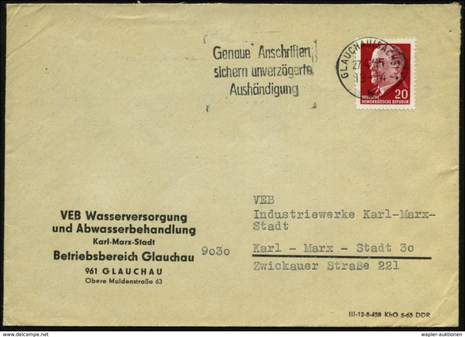 1965 (27.4.) GLAUCHAU 1, Kommunalbrief: VEB Wasserversorgung Und Abwasserbehandlung.., Fernbrief - Wasser, Wasserfall, Q - Other & Unclassified