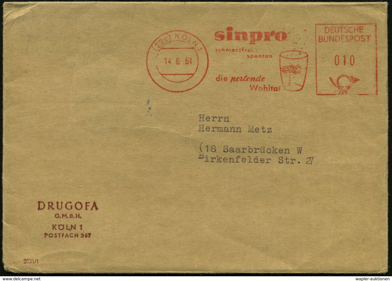 1961 (22 C) KÖLN 1, Absender-Freistempel: Sinpro, Schmerzfrei Spontan.. = Wasserglas Sprudelnd, Firmenbrief: DRUGOFA GMB - Other & Unclassified