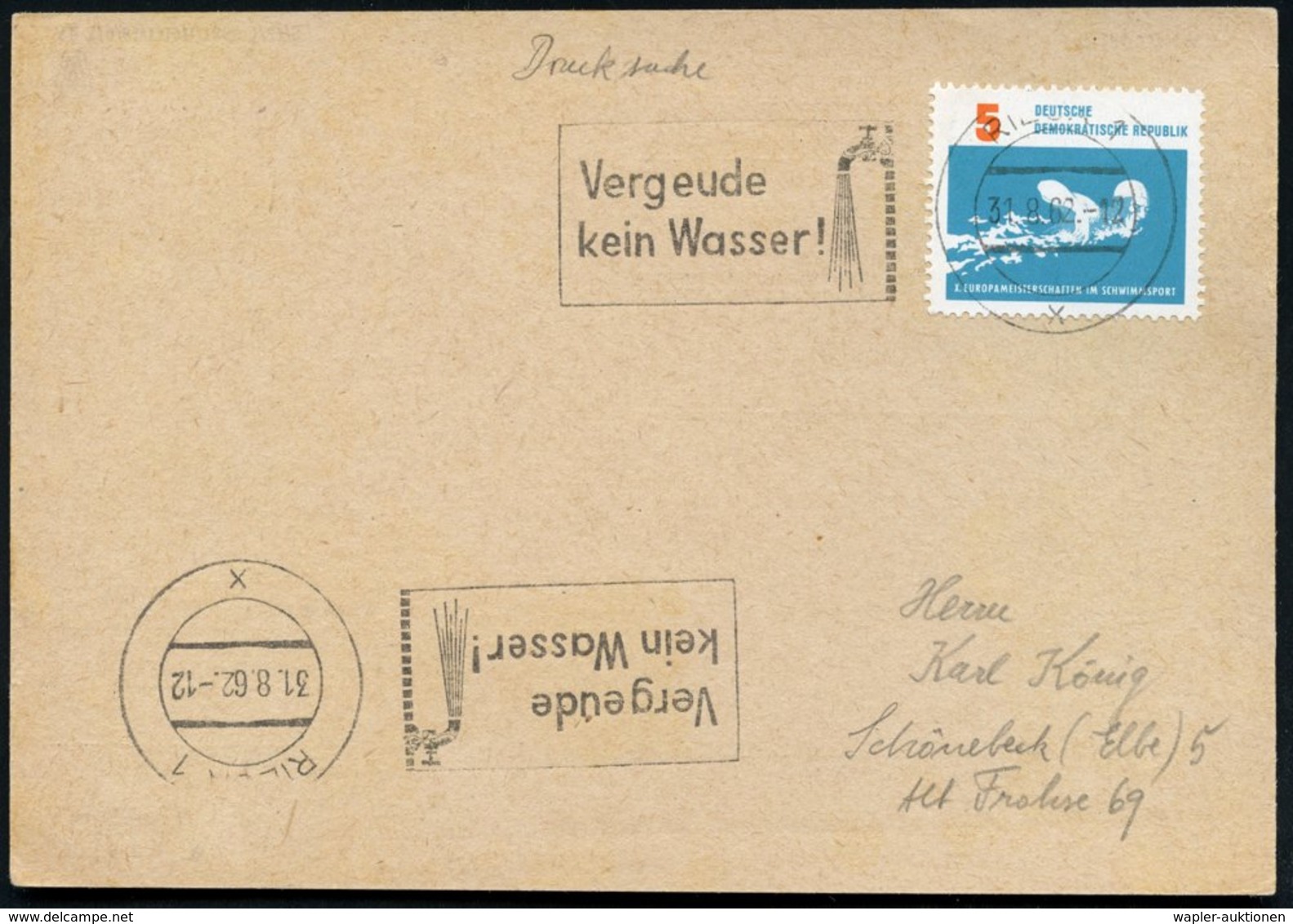 1962 (31.8.) RIESA 1, Maschinen-Werbestempel: Vergeude Kein Wasser! (offenen Wasserhahn) Inl.-Karte (Bo.S 1094 A, Erstja - Other & Unclassified