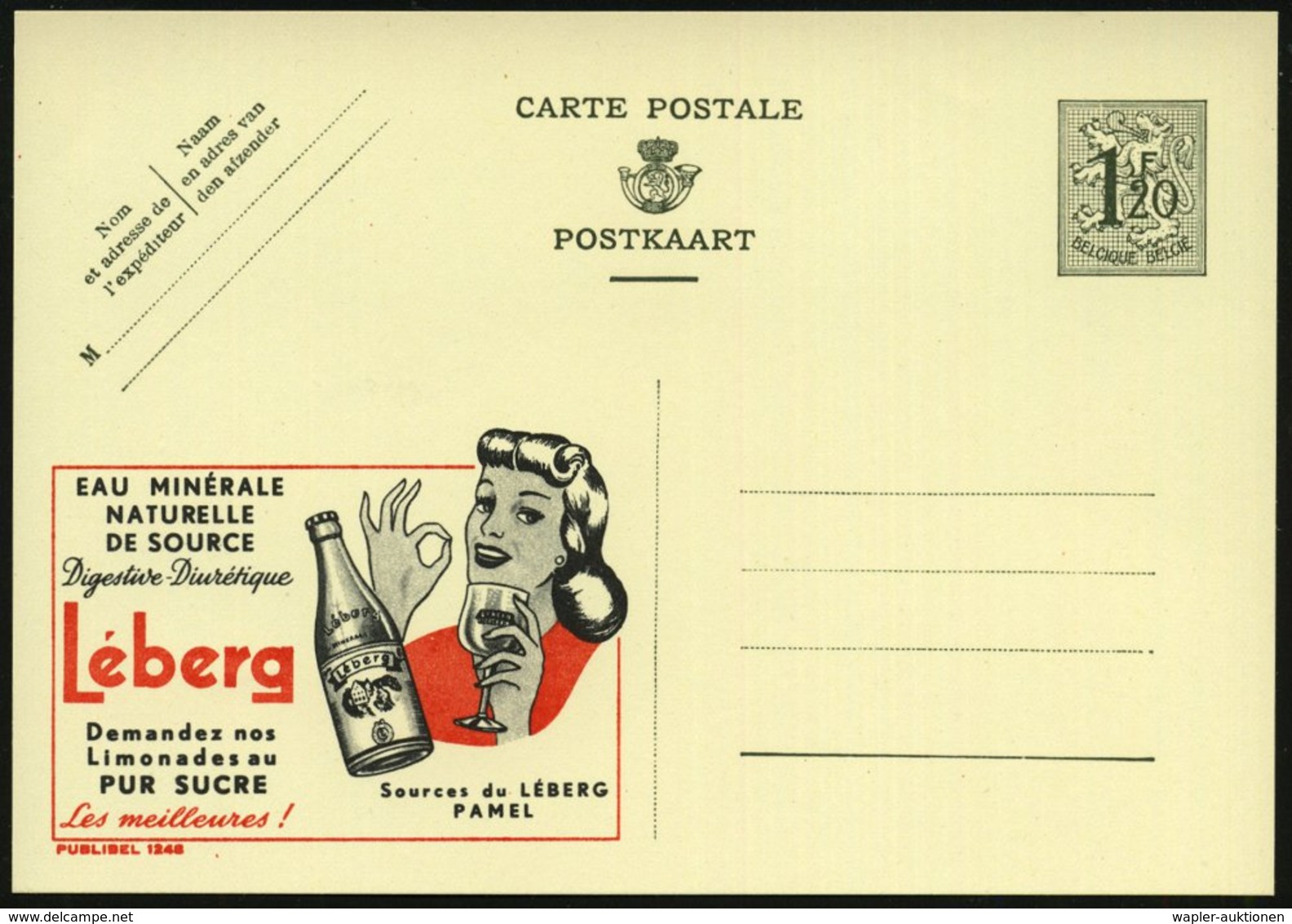 1952 BELGIEN, 1,20 F. Publibel-Ganzsache: EAU MINERALE NATURELLE.. Léberg (Flasche, Frau Mit Trinkglas) Ungebr. (Mi.P 28 - Other & Unclassified