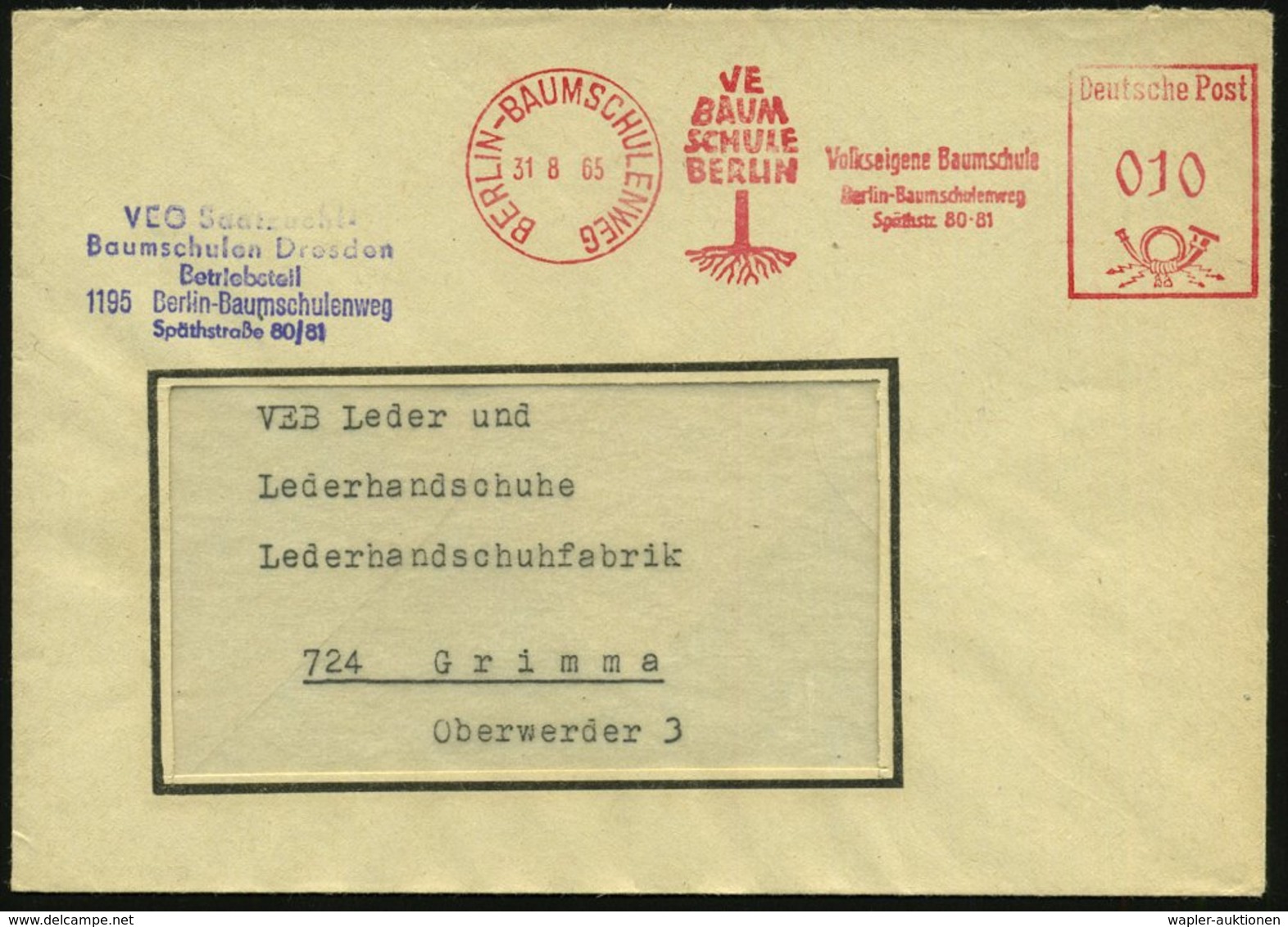 1965 (31.8.) BERLIN-BAUMSCHULENWEG, Absender-Freistempel: VE BAUMSCHULE BERLIN (Baum-Logo) Inl.-Brief - Wald & Baum / Fo - Other & Unclassified