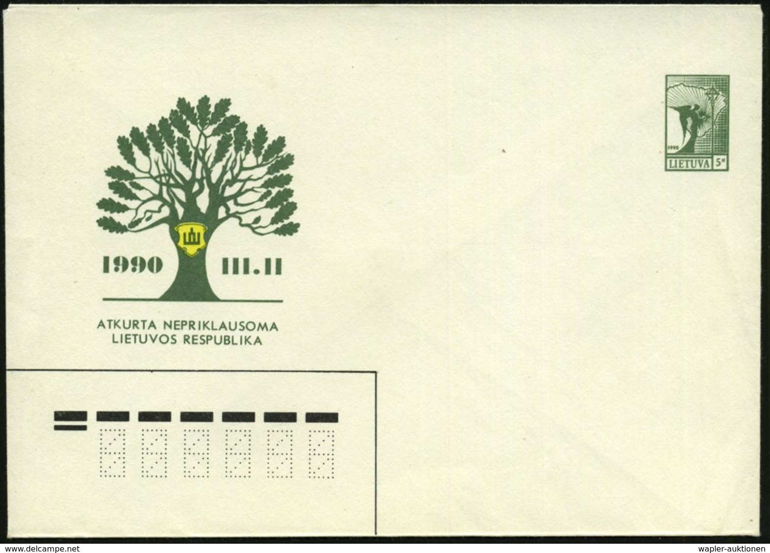 1990 LITAUEN, 5 Kop. Sonder-Ganzsachen-Umschlag: Nationalbaum = Eiche, Ungebr. (Mi.U 2) - Wald & Baum / Forest & Tree /  - Other & Unclassified