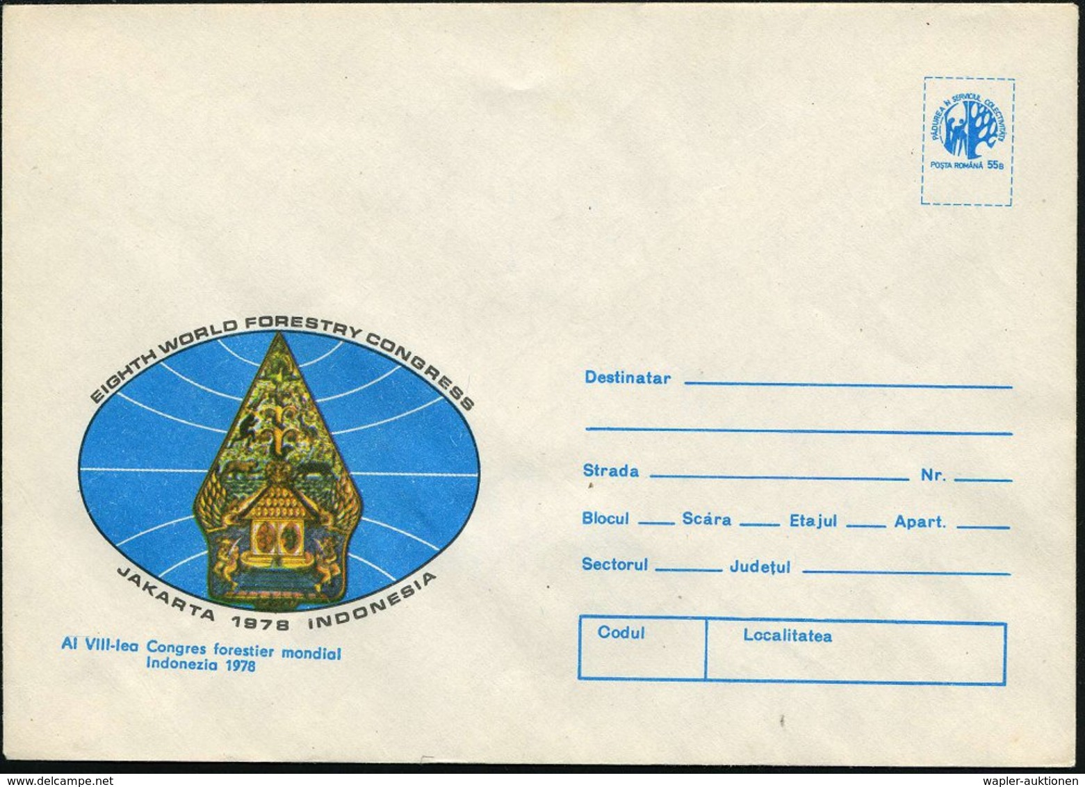 1978 RUMÄNIEN, 55 B. Sonder-Ganzsachen-Umschlag: Welt-Forst-Kongreß Jakarta (Baumsymbol) Mit Stammbaum Der Tiere, Ungebr - Sonstige & Ohne Zuordnung