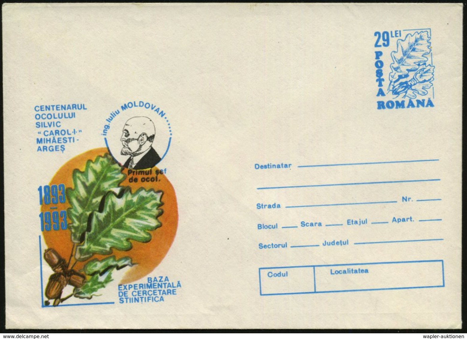 1993 RUMÄNIEN, 29 L. Sonder-Ganzsachen-Umschlag Hirschkäfer: 100 Jahre Forstamt "Carol I." = Eichenblätter Mit Eicheln)  - Autres & Non Classés