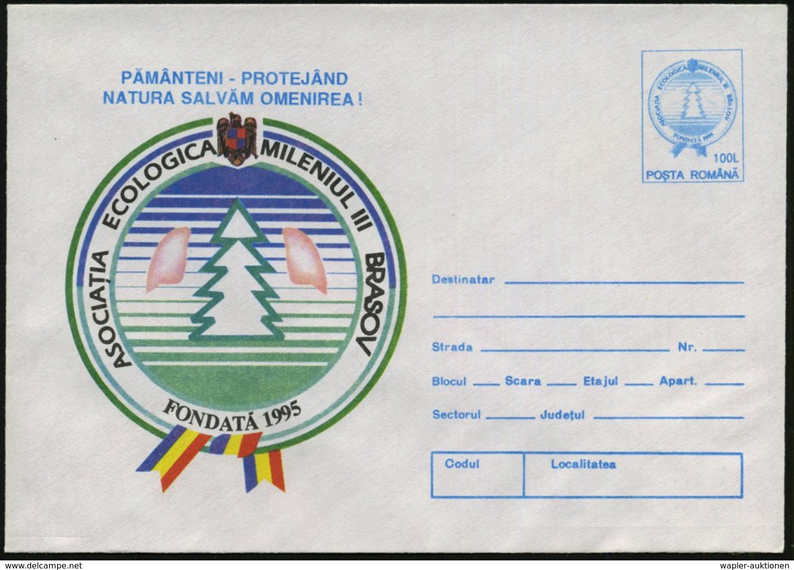 1995 RUMÄNIEN, 100 L. Sonder-Ganzsachen-Umschlag: Ökologischer Verein "III. Jahrtausend", Brasov (Tannen-Logo) Ungebr. ( - Other & Unclassified