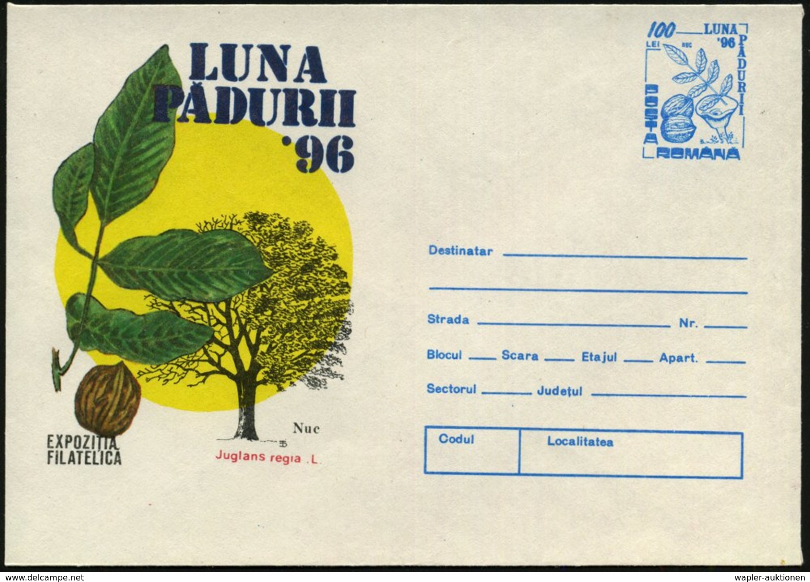 1996 RUMÄNIEN, 100 L. Sonder-Ganzsachen-Umschlag: "Monat Des Waldes" Nußbaum (Baum U. Frucht) Ungebr. (Mi.U 1825) - Wald - Other & Unclassified