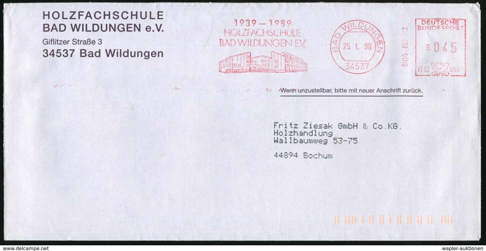 1996 (25.1.) 34537 BAD WILDUNGEN, Absender-Freistempel: HOLZFACHSCHULE 1939 - 1989 (Holzfachschule) Fernbrief - Holz & M - Other & Unclassified