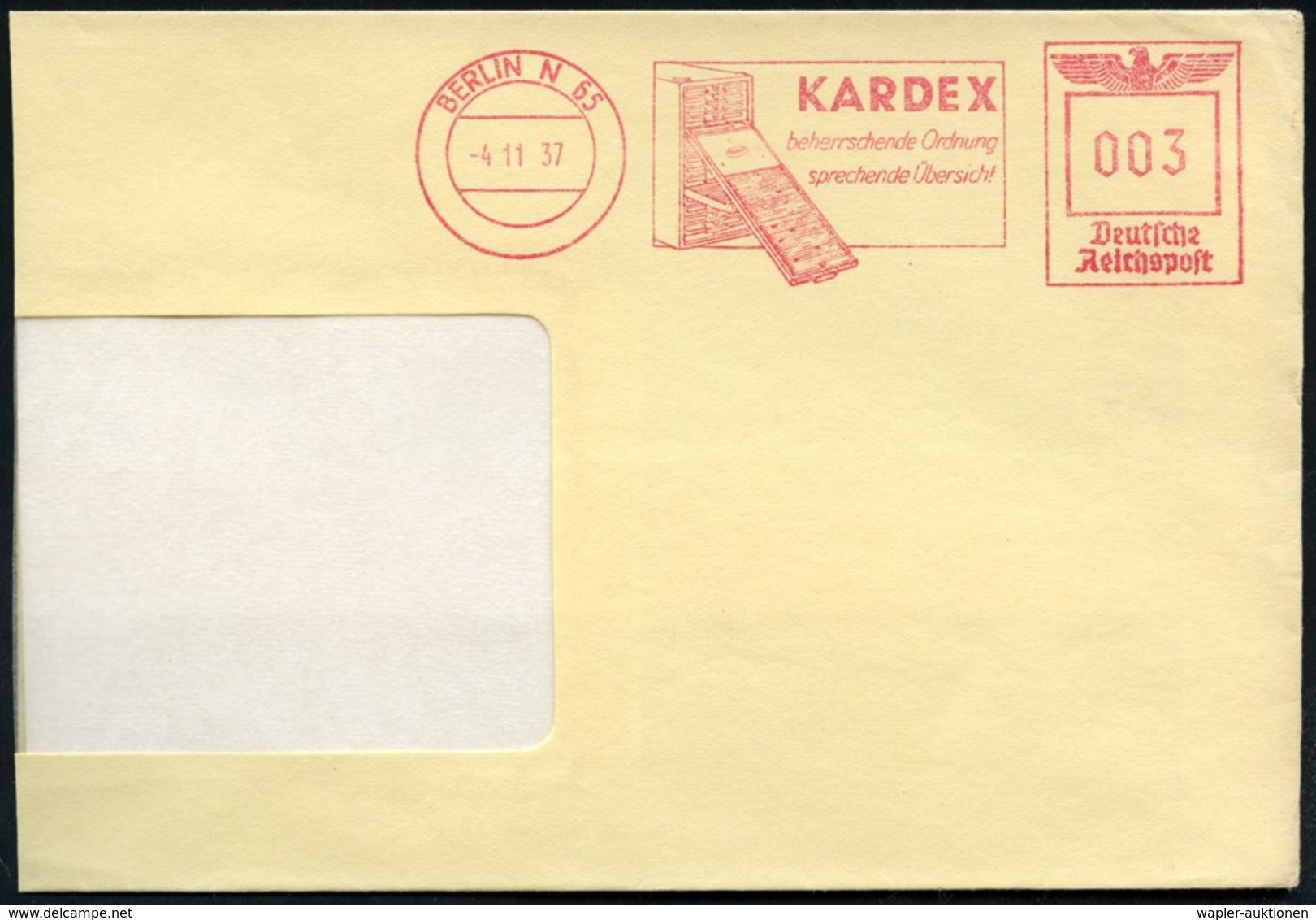 1937 (4.11.) BERLIN N 65, Absender-Freistempel: KARDEX Beherrschende Ordnung.. = Büro-Karteischrank, Teil-Brief - Holz & - Other & Unclassified
