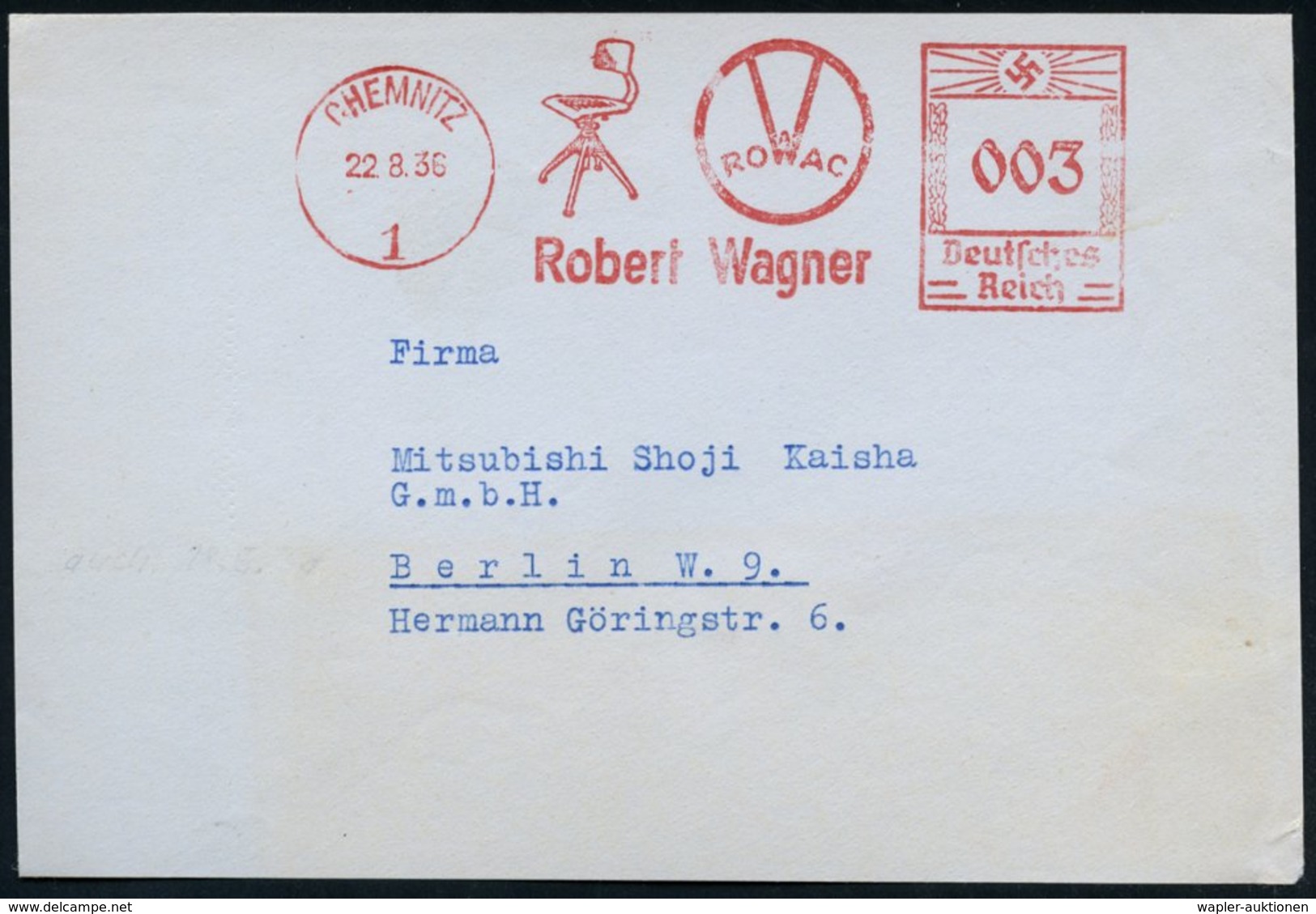 1936 (22.8.) CHEMNITZ 1, Absender-Freistempel: ROWAC, Robert Wagner = Bürostuhl, Bedarfs-Vorderseite - Holz & Möbel / Wo - Other & Unclassified