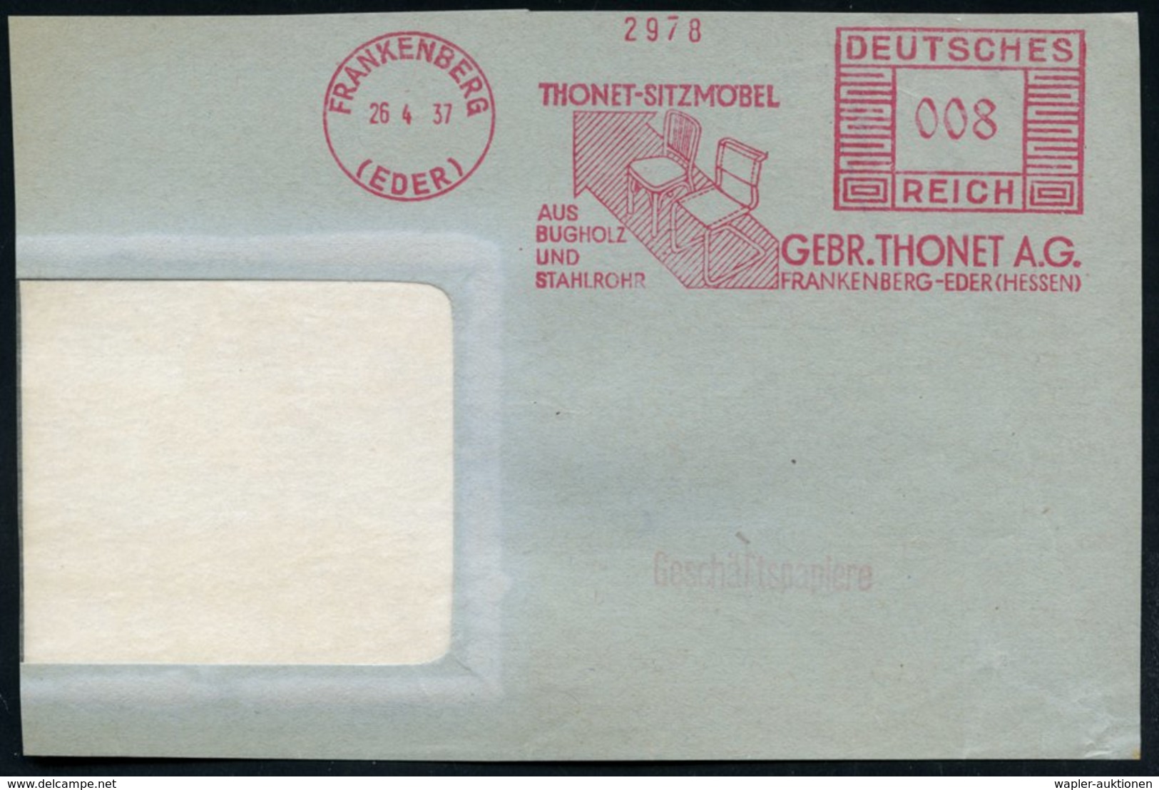 1937 (26.4.) FRANKENBERG (EDER), Absender-Freistempel: THONET-SITZMÖBEL AUS BUGHOLZ UND STAHLROHR.. (2 Designer-Stühle)  - Other & Unclassified