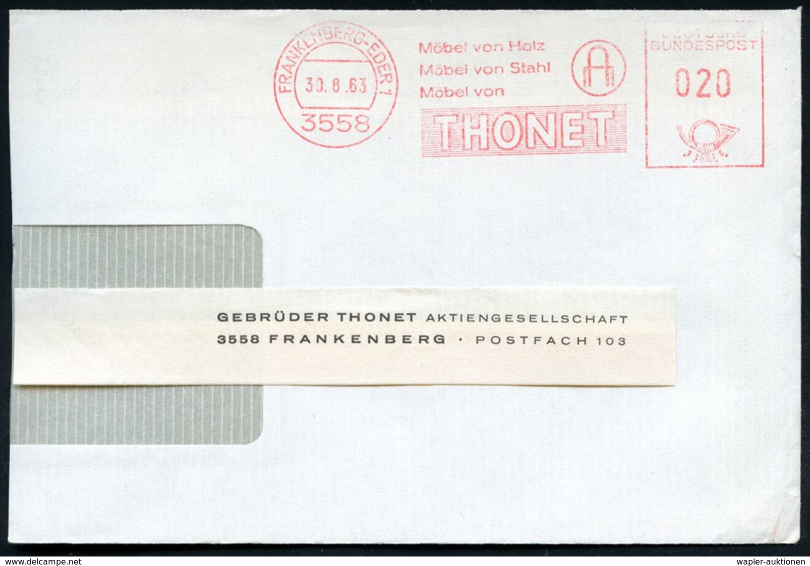 1963 (30.8.) 3558 FRANKENBERG-EDER 1, Absender-Freistempel: THONET.. (Stuhl-Logo) Teil-Firmenbrief - Holz & Möbel / Wood - Other & Unclassified