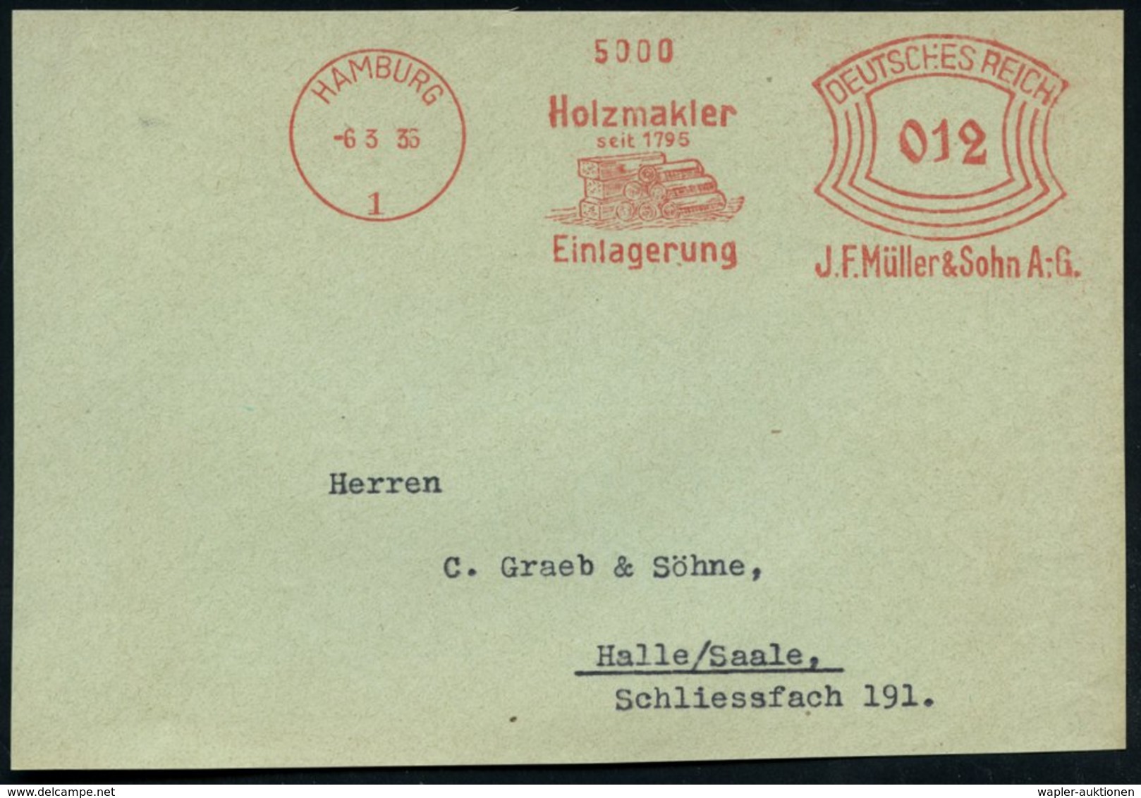 1935 HAMBURG 1, Absender-Freistempel: Holzmakler Seit 1795.. J.F. Müller & Sohn AG (Holzstapel, Baumstämme) Kleine Vorde - Other & Unclassified