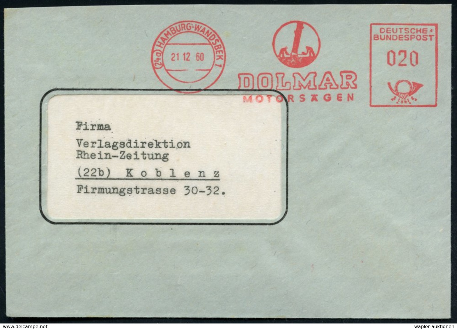 1960 (24 A) HAMBURG-WANDSBEK 1, Absender-Freistempel: DOLMAR MOTORSÄGEN (2 Männer Fällen Baum) Rs. Motivgleicher Absende - Altri & Non Classificati