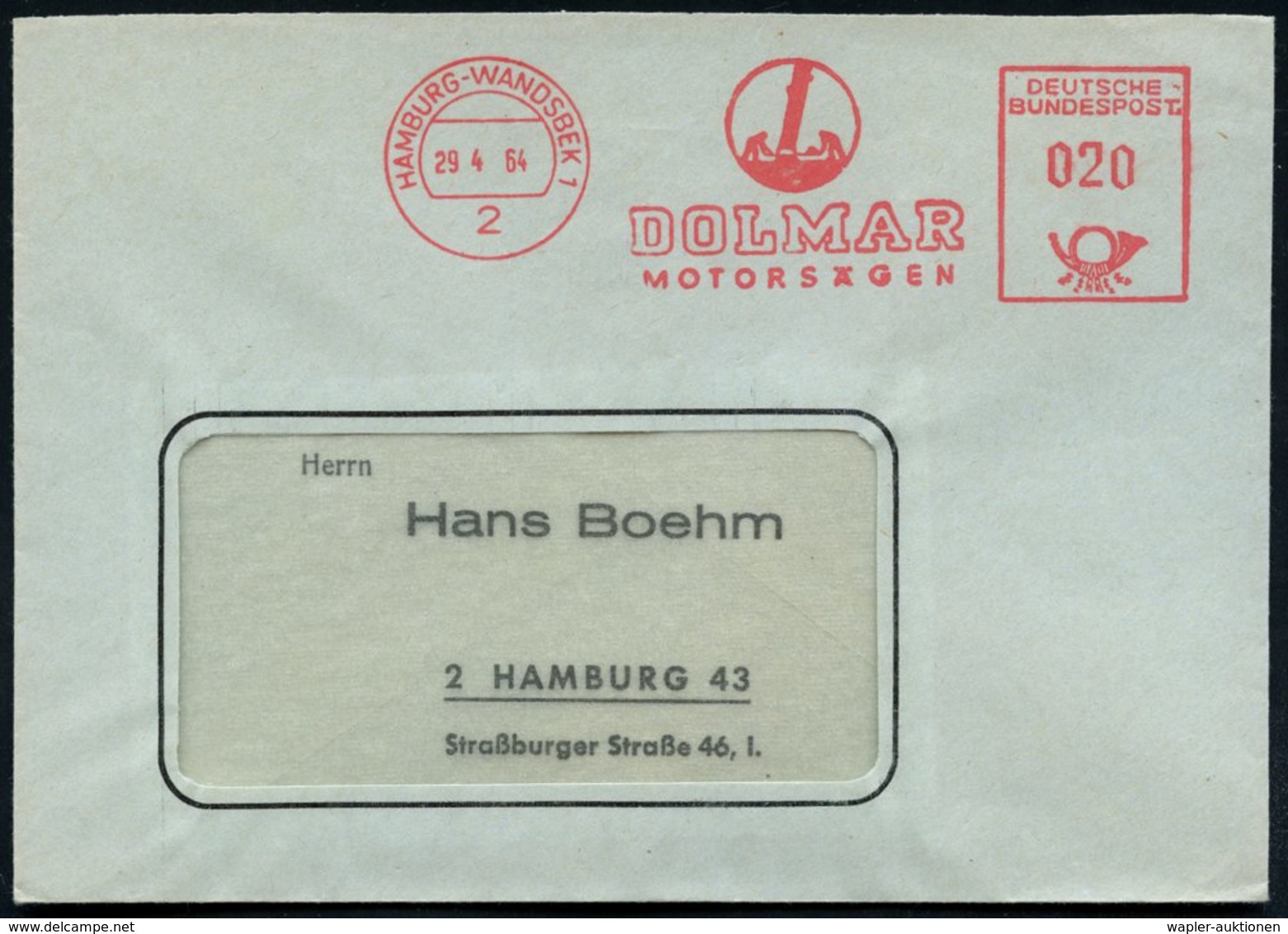 1964 (29.4.) 2 HAMBURG-WANDSBEK 1, Absender-Freistempel: DOLMAR MOTORSÄGEN (2 Männer Fällen Baum) Rs. Motivgleicher Abse - Other & Unclassified