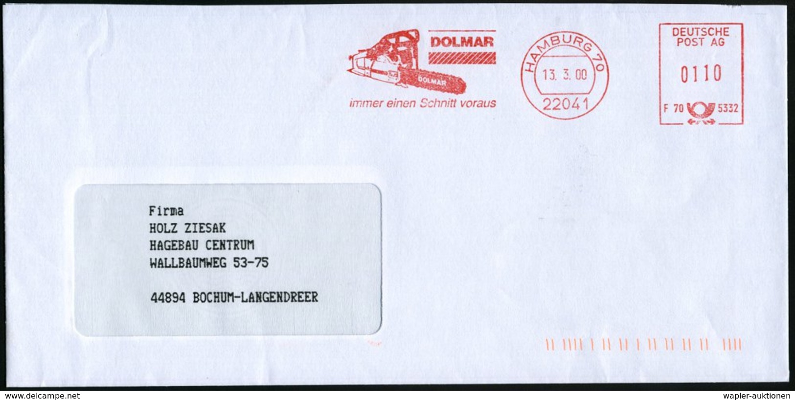 2000 (13.3.) 22041 HAMBURG 70, Absender-Freistempel: DOLMAR.. = Motorsäge, Rs. Reklame: 4 Verschiedene Motorsägen - Holz - Other & Unclassified