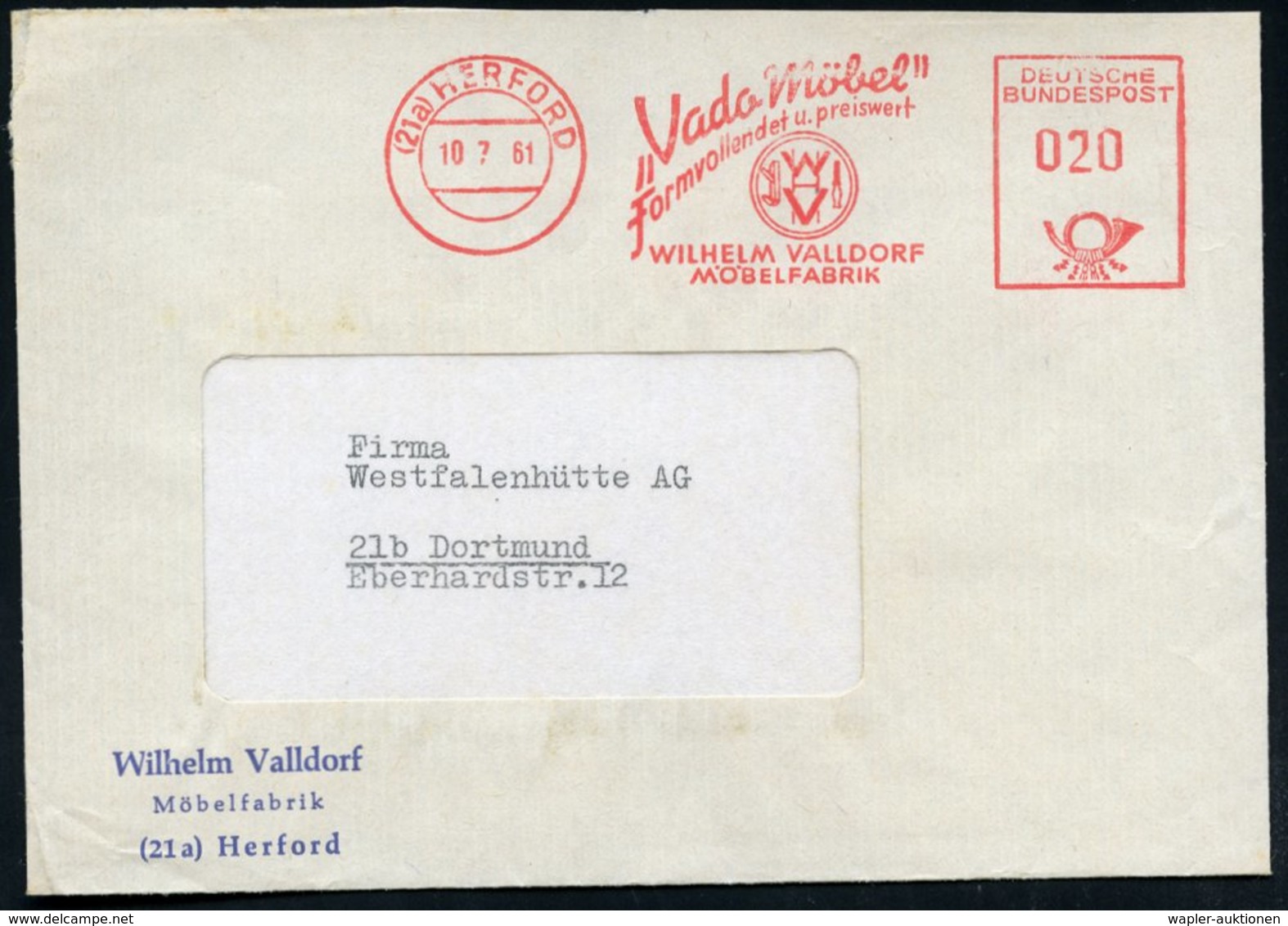1961 (10.7.) (21 A) HERFORD, "Vado Möbel".. WILHELM VALLDORF MÖBELFABRIK (Firmen-Logo) Firmenbrief - Holz & Möbel / Wood - Other & Unclassified