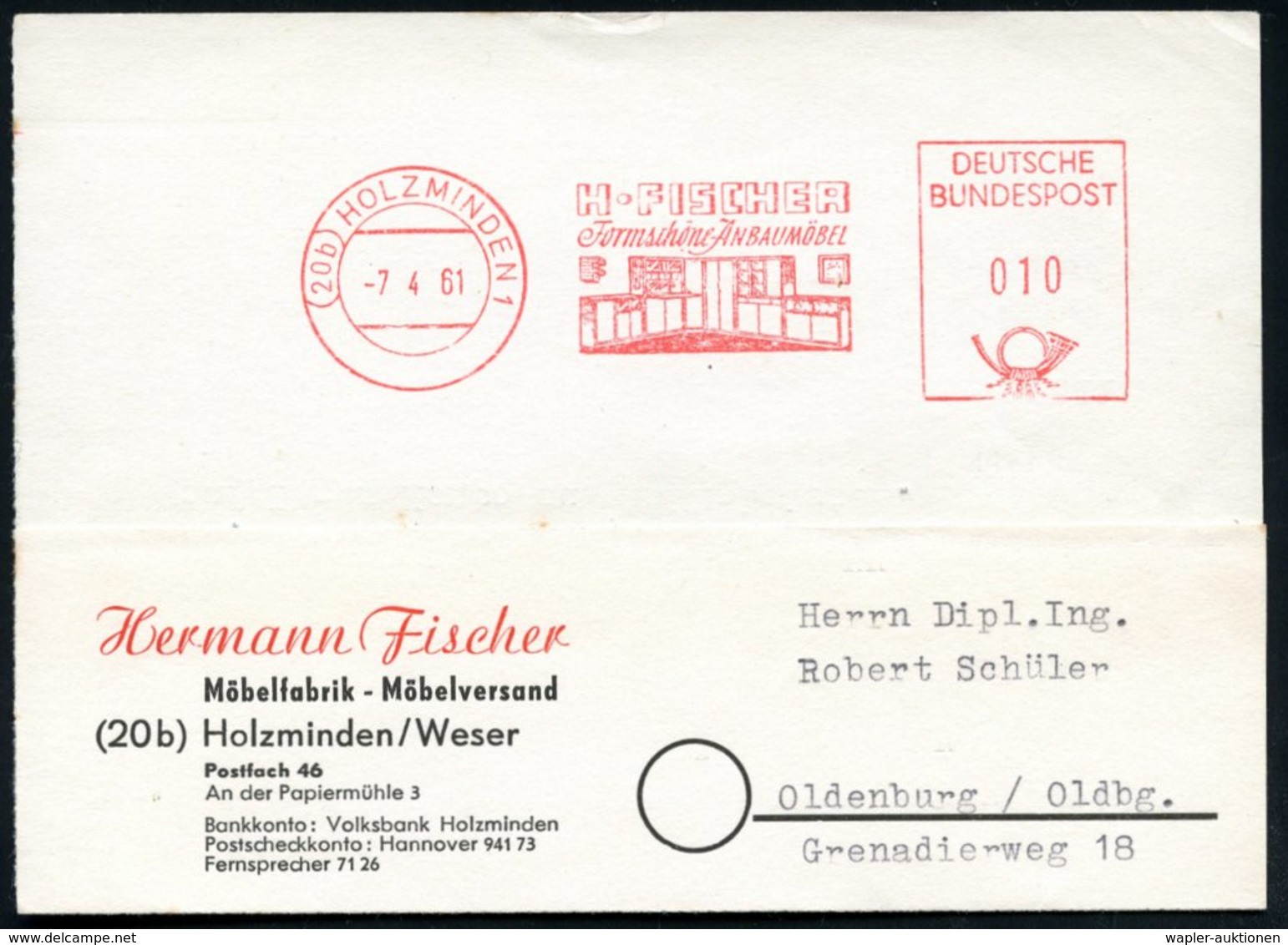 1961 (20 B) HOLZMINDEN 1, Absender-Freistempel: H. FISCHER; Formschöne Anbaumöbel (System-Möbel) Zweifabrige Firmenkarte - Other & Unclassified