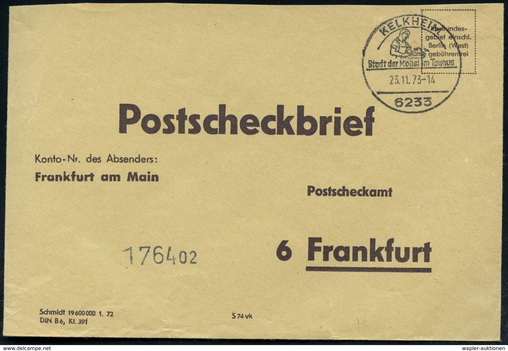 1973 6233 KELKHEIM; Handwerbestempel: Stadt Der Möbel.. = Schreiner Mit Hobel Auf Markenlosem Postscheckbrief, Seltene V - Other & Unclassified