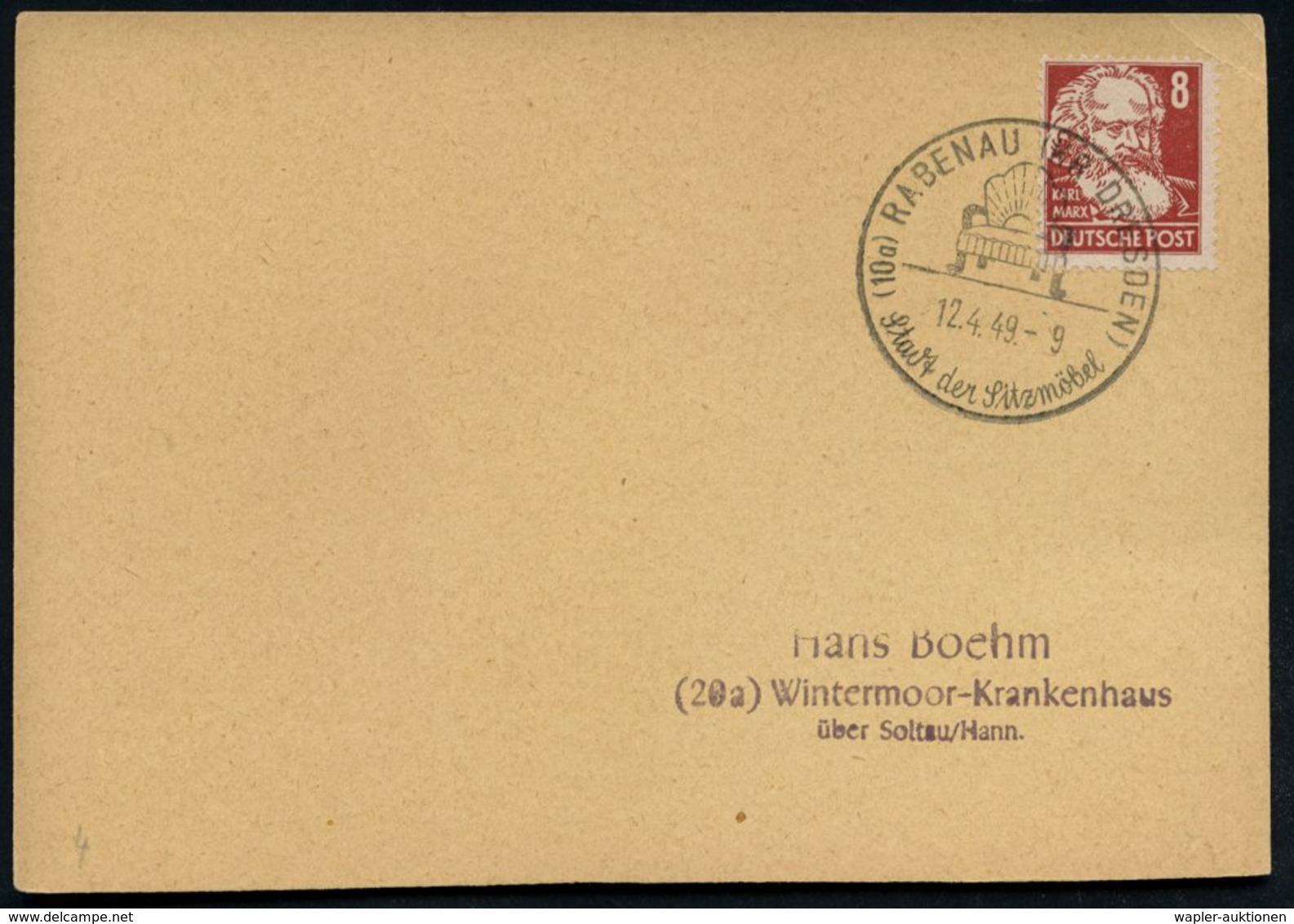 1949 (12.4.) (10 A) RABENAU (KR DRESDEN), Hand-Werbestempel: Stadt Der Sitzmöbel = Sessel, Inl.-Karte (Bo.3, Erstjahr) - - Autres & Non Classés