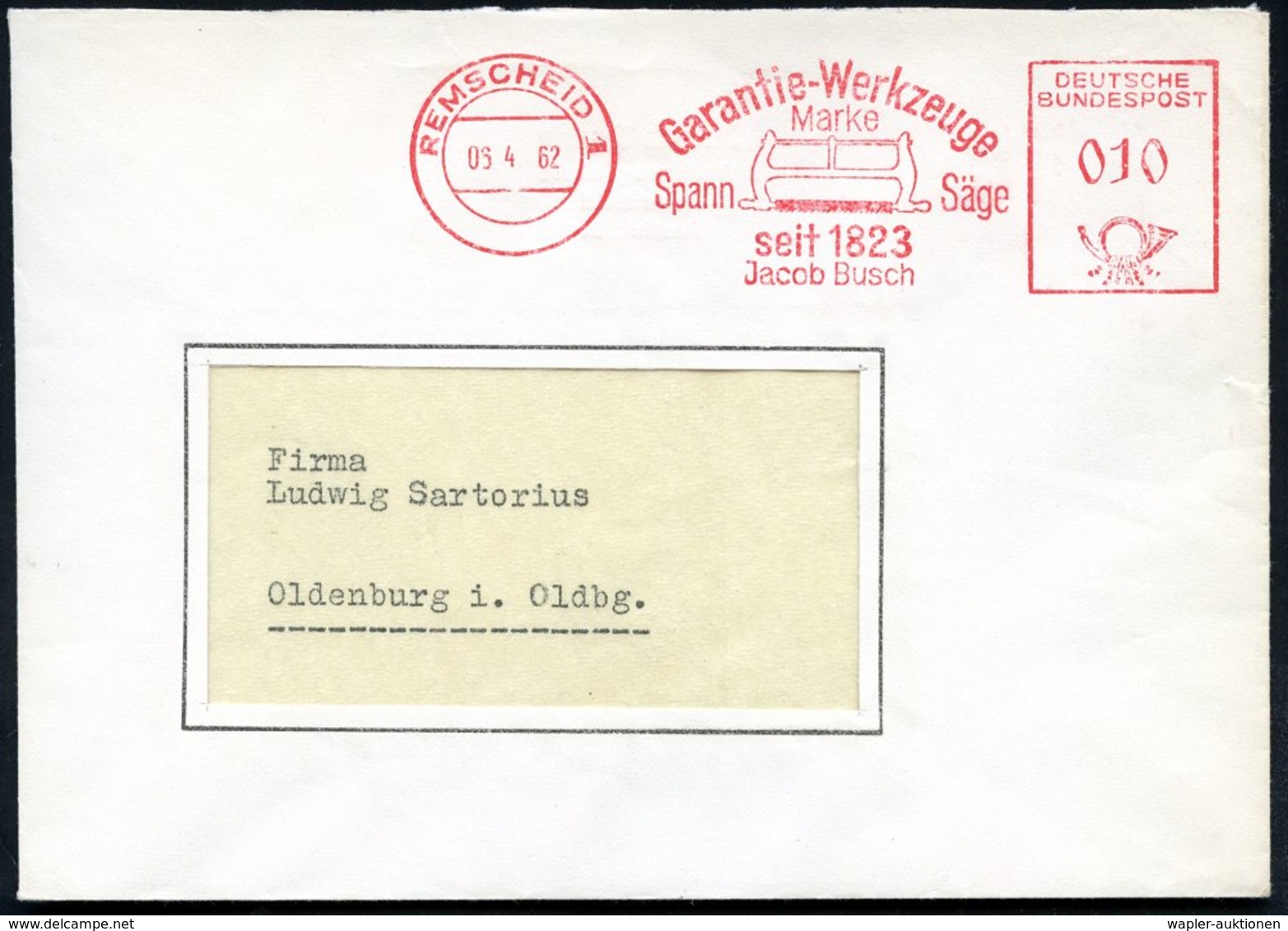 1962 (6.4.) REMSCHEID 1, Absender-Freistempel Ohne PLZ: Garantie-Werkzeuge.. Spann Säge.. Jacob Busch (Holzsäge) Rs. Abs - Other & Unclassified