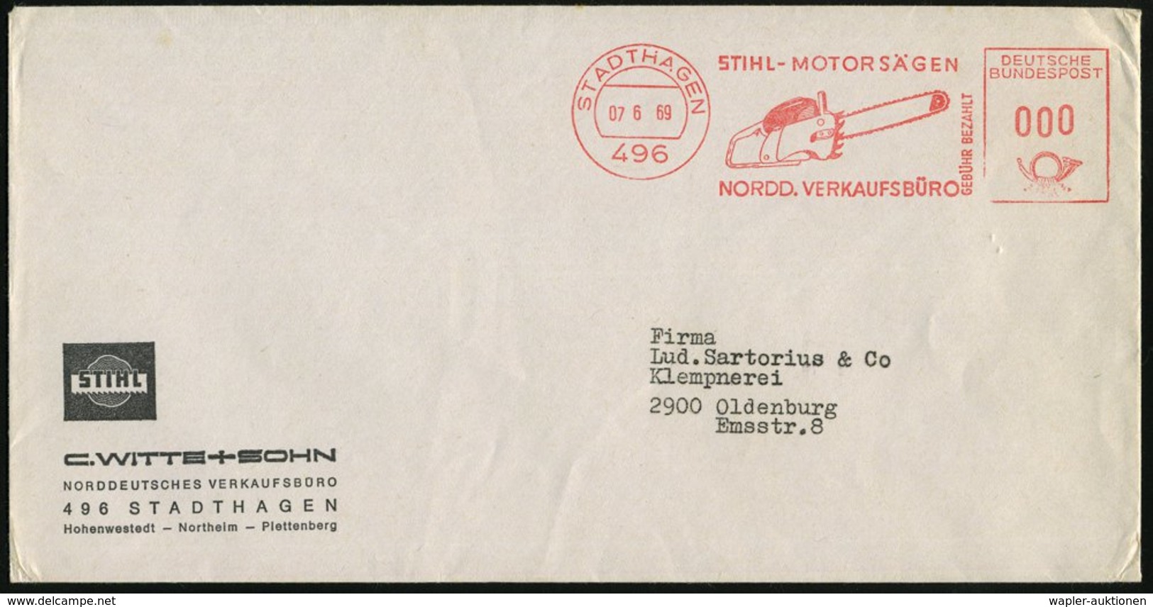 1969 (7.6.) 496 STADTHAGEN, Absender-Freistempel: STIHL.MOTORSÄGEN.. (Motorsäge) Vorschriftsmäßig In 000 - GEBÜHR BEZAHL - Other & Unclassified