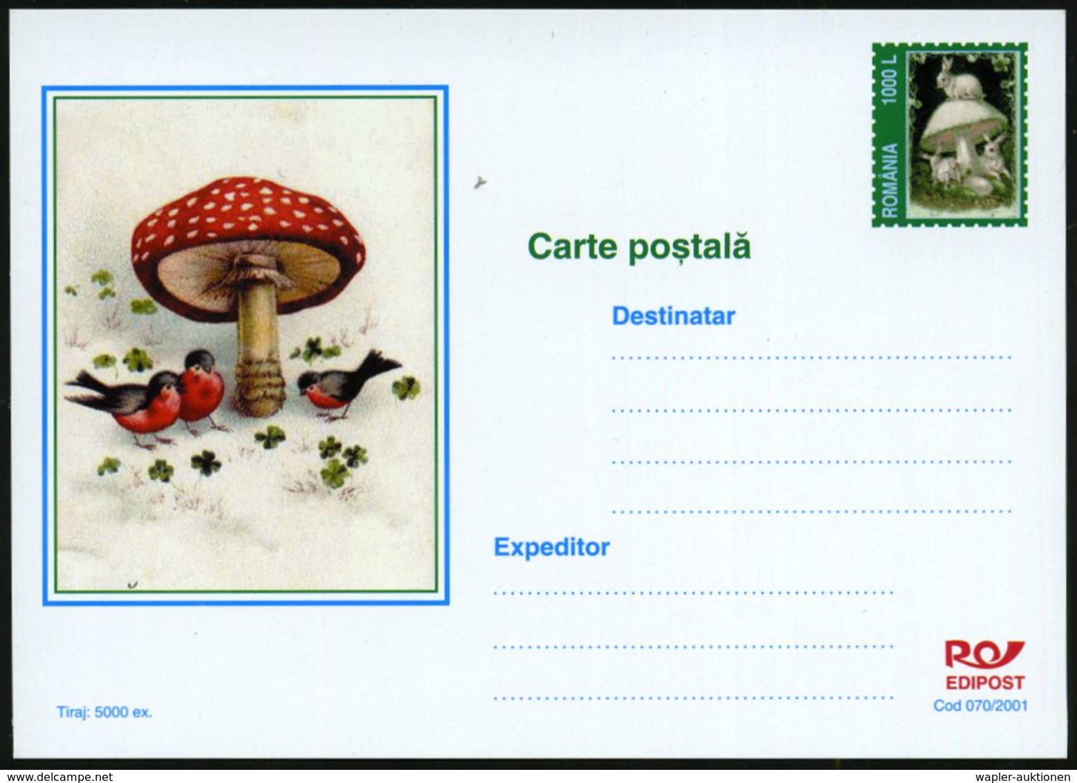 2001 RUMÄNIEN, 1000 L. Sonder-Ganzsache "Glückwünsche" Nach Alter Graphik (3 Rotkehlchen U. Fliegenpilz) Ungebr., Auflag - Other & Unclassified