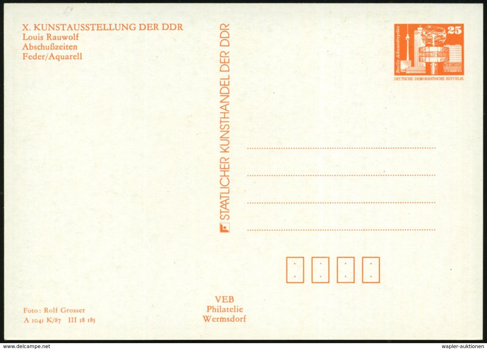 1987 D.D.R., PP 25 Pf. PdR., Orange: X. DDR-KUNSTAUSSTELLUNG (Dresden), Louis Rauwolf "Abschußzeiten" (Aquarell) = Humor - Sonstige & Ohne Zuordnung