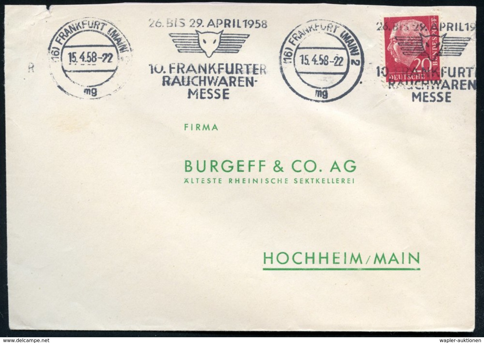 1958 (Apr.) (16) FRANKFURT (MAIN) 2, Band-Maschinen-Werbestempel: 10. FRANKFURTER RAUCHWAREN-MESSE (Fuchskopf) Rs. Kl. M - Sonstige & Ohne Zuordnung