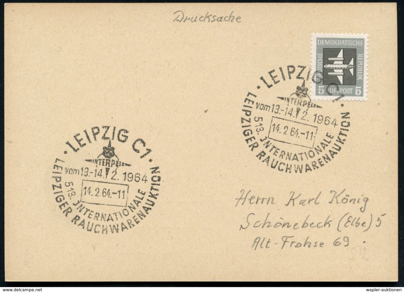 1964 (14.2.) LEIPZIG C1, Sonderstempel: INTERPELZ, 513. JNTERNAT. LEIPZIGER RAUCHWARENAUKTION (Tierkopf) Inl.-Karte (Bo. - Other & Unclassified