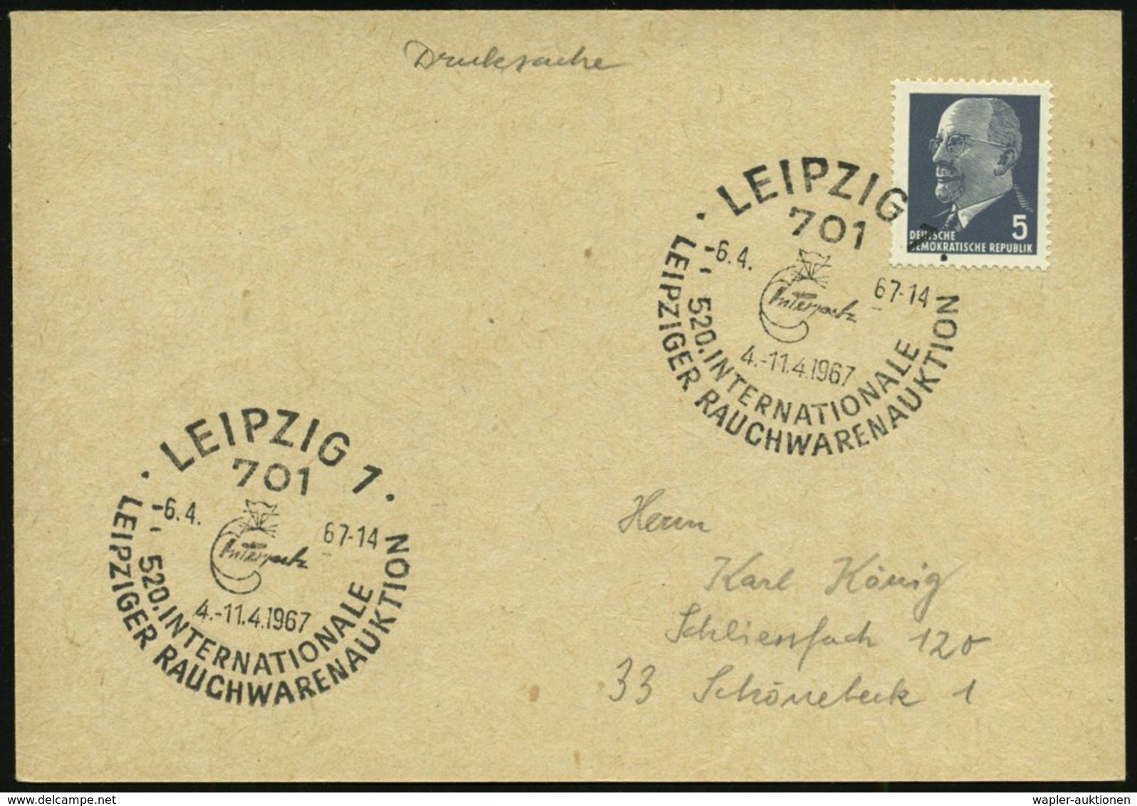 1967 (6.4.) 701 LEIPZIG 1, Sonderstempel: Interpelz, 520. JNTERNAT. LEIPZIGER RAUCHWARENAUKTION (Pelztier) Inl.-Karte -  - Other & Unclassified