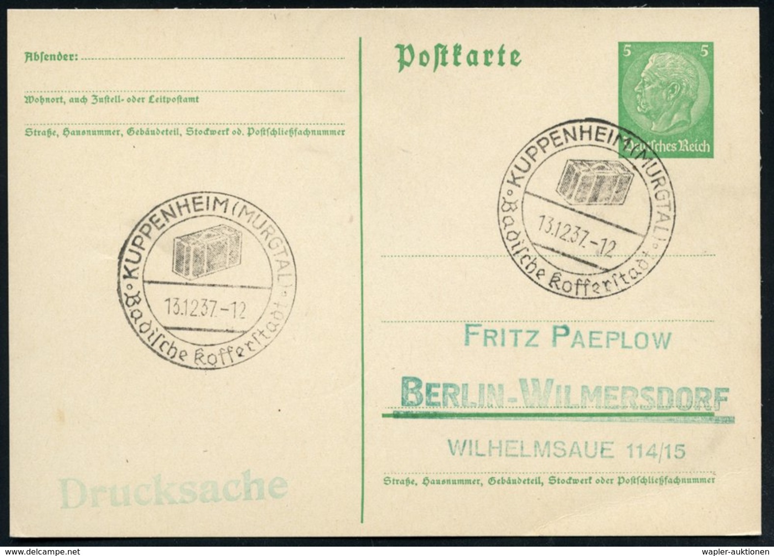 1937 (13.12.) KUPPENHEIM (MURGTAL), Handwerbestempel: Badische Kofferstadt (Lederkoffer) Inl.-Karte (Bo.1, Erstjahr) - L - Autres & Non Classés