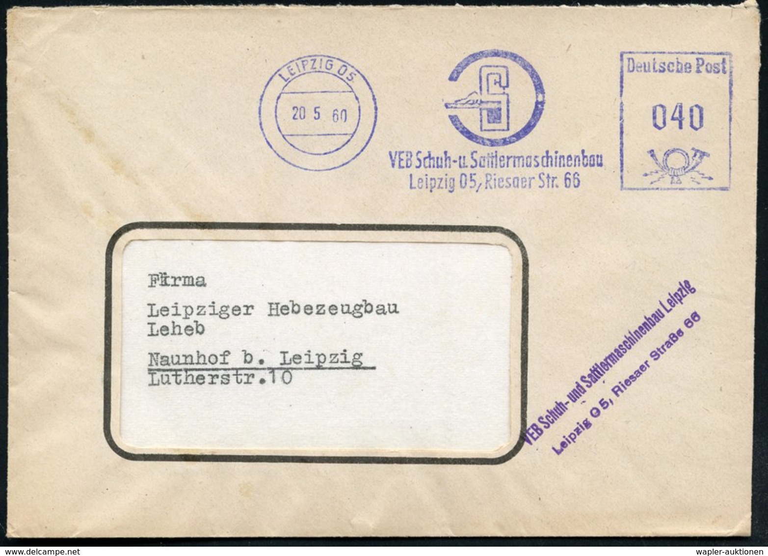 1960 (20.5.) LEIPZIG O5, Absender-Freistempel: VEB Schuh- U. Sattlermaschinenbau.. + Viol. Absenderstempel, Dienstbrief  - Other & Unclassified