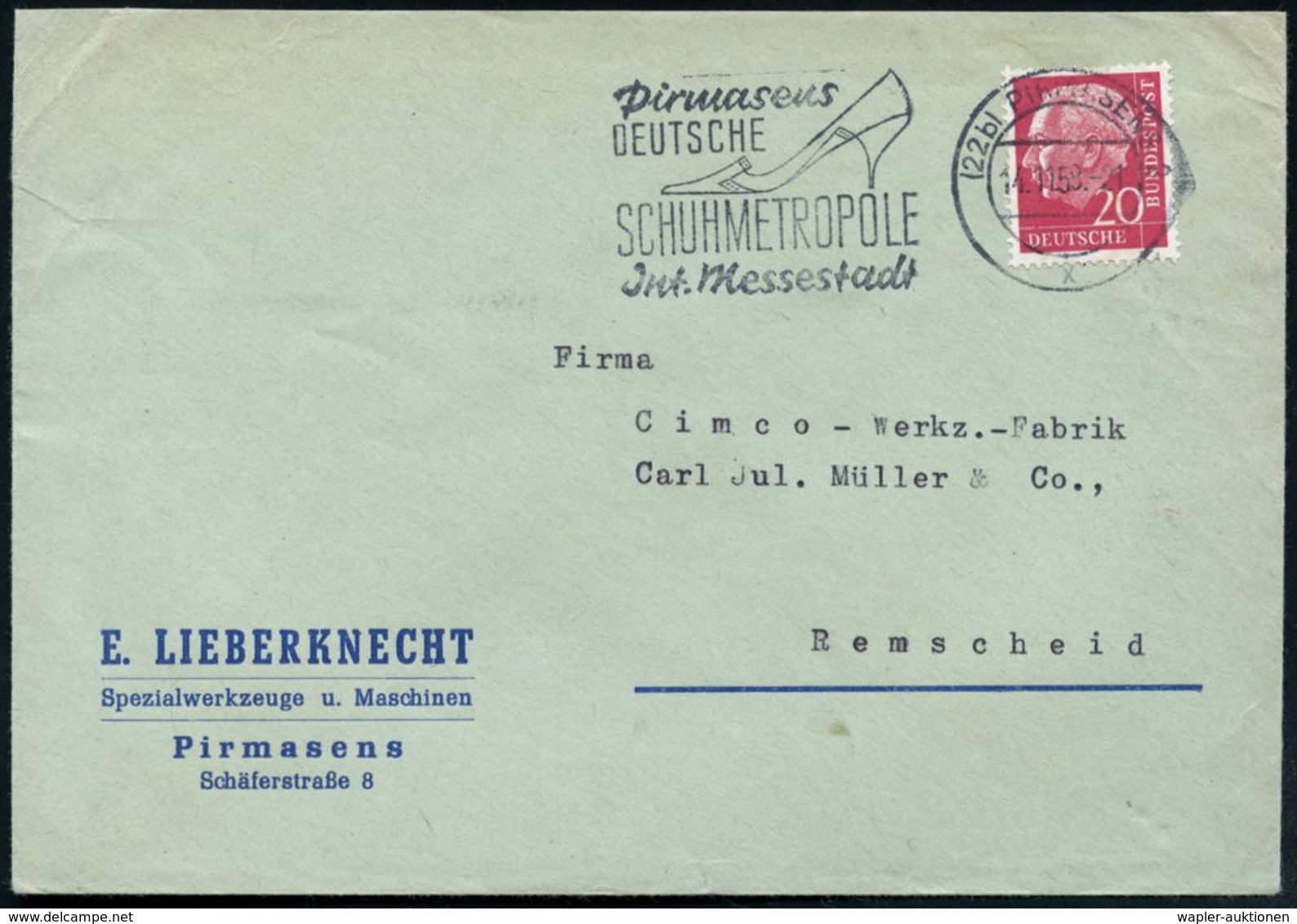 1958 (14.11.) (22 B) PIRMASENS 2, Maschinen-Werbestempel: DEUTSCHE SCHUHMETROPOLE.. (Damenschuh) Inl.-Brief (Bo.20 A, Er - Other & Unclassified