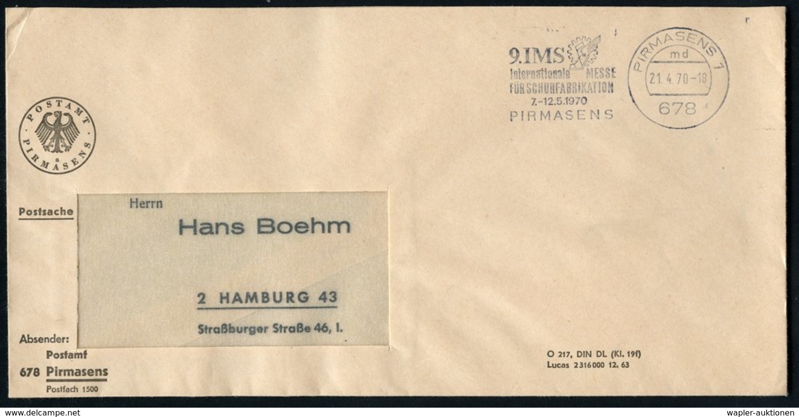 1970 (21.4.) 678 PIRMASENS 1, Maschinen-Werbestempel: 9. IMS Internat. MESSE FÜR SCHUHFABRIKATION (geflügelter Merkur-Sc - Other & Unclassified