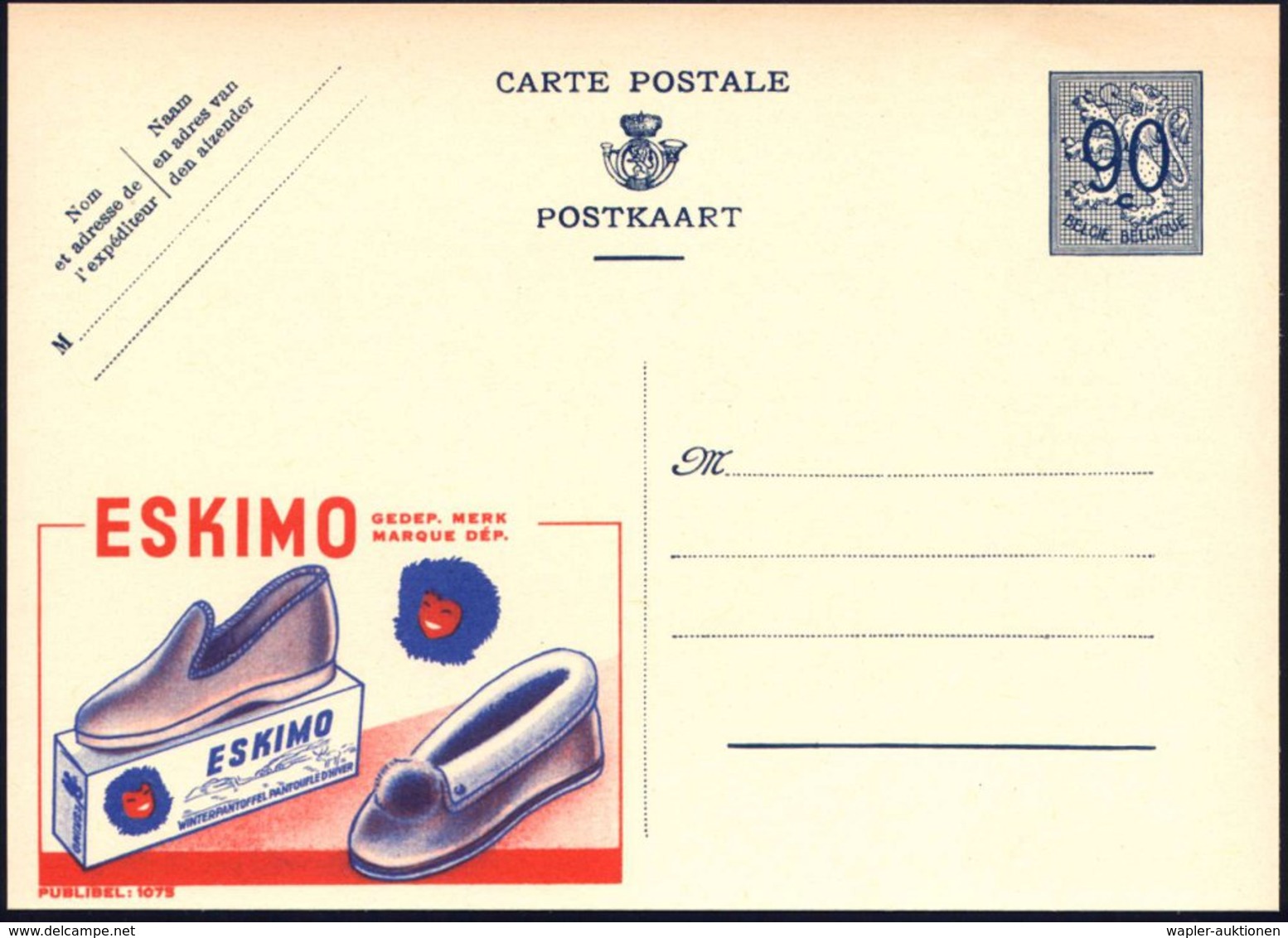 1951 BELGIEN 90 C. Publibel-Ganzsache: ESKIMO.. (2 Stoff-Hausschuhe, Eskimokopf) Französ. Titel Oben, Ungebr. (Mi.P 273  - Autres & Non Classés