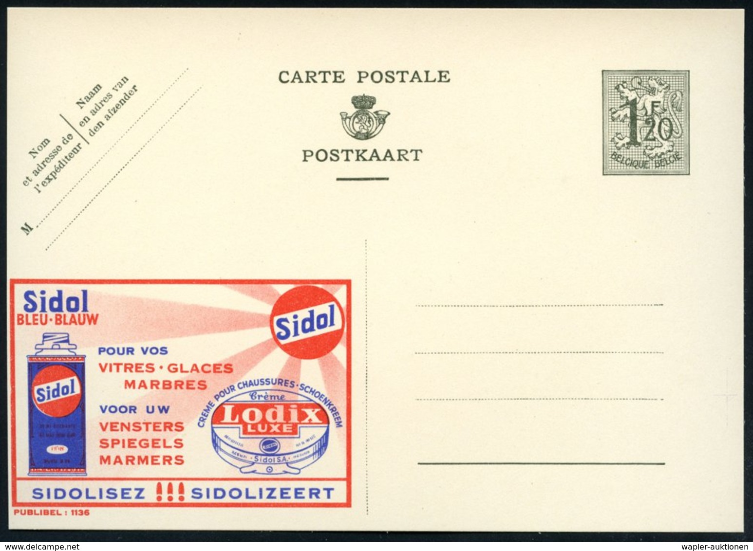 1952 BELGIEN 1,20 F. Publibel-Ganzsache: Sidol.. Lodix (Glasreiniger, Schuhcreme) Französ. Titel Oben, Ungebr. (Mi.P 283 - Other & Unclassified