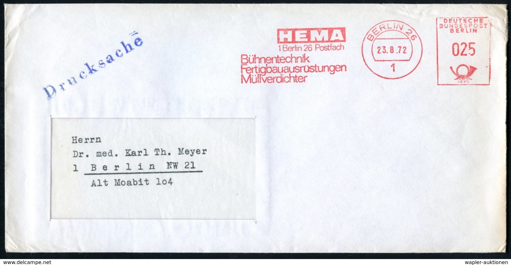 1972 (23.8.) 1 BERLIN 26, Absender-Freistempel: HEMA.. Bühnentechnik.. Müllverdichter, Ortsbrief - Umweltbelastung & Rau - Other & Unclassified