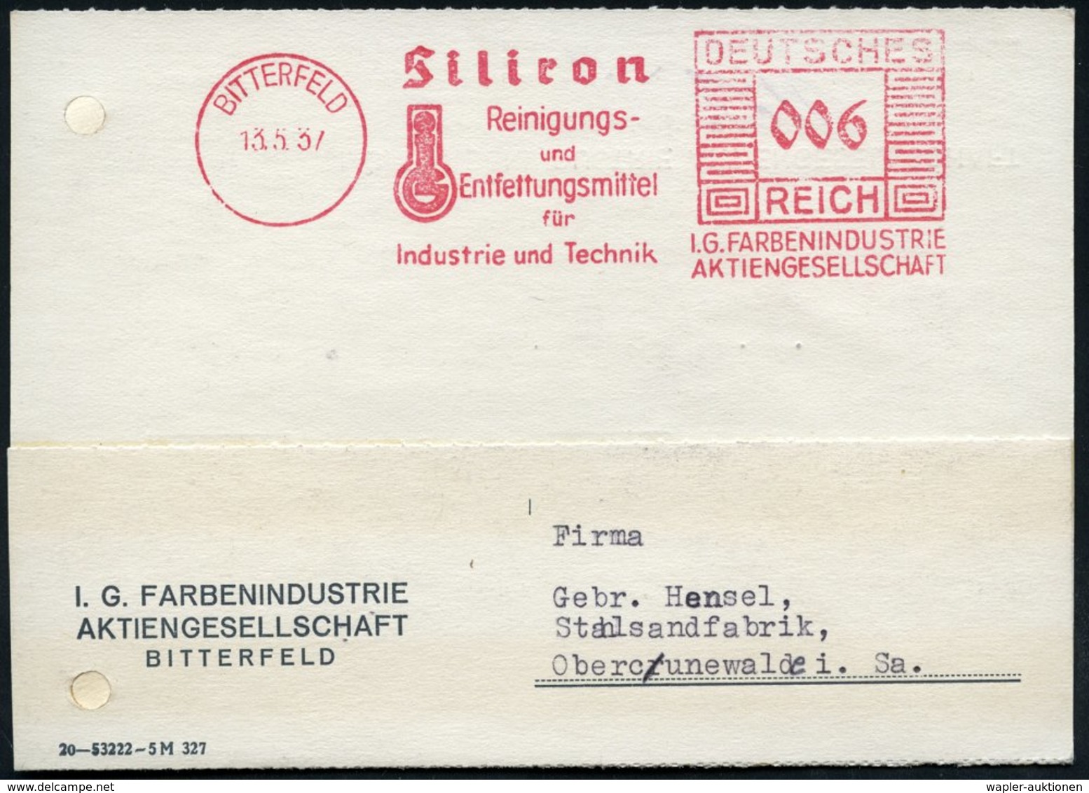 1937 (13.5.) BITTERFELD, Absender-Freistempel: Siliron, Reinigungs- U. Entfettungsmittel Für Industrie U. Technik, I.G.  - Otros & Sin Clasificación