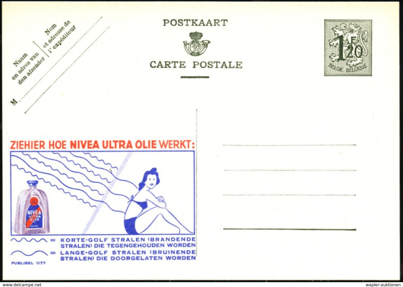 1952 BELGIEN, 1,20 F. Publibel-Ganzsache: NIVEA ULTRA OLIE.. = Darstellung Von UV-Strahlen, Sonnenbadenede Frau, Nivea-S - Andere & Zonder Classificatie