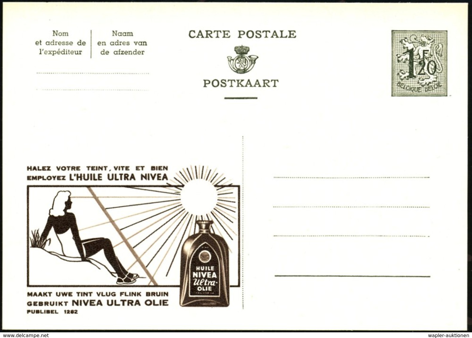 1954 BELGIEN, 1,20 F. Publibel-Ganzsache: L'HUILE ULTRA NIVEA... = Darstellung Von UV-Strahlen, Sonne, Sonnenbadenede Fr - Andere & Zonder Classificatie