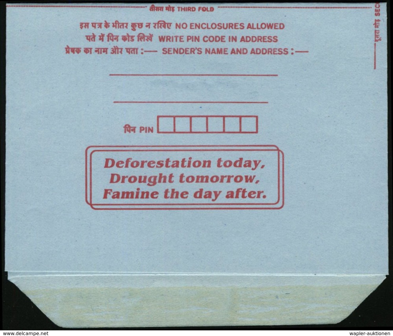 1995 INDIEN, 1 R. Faltbrief-Ganzsache Pfau, Rs. Slogan: Deforstation Today.. (Abholzung Verursacht Austrocknung..) Ungeb - Other & Unclassified