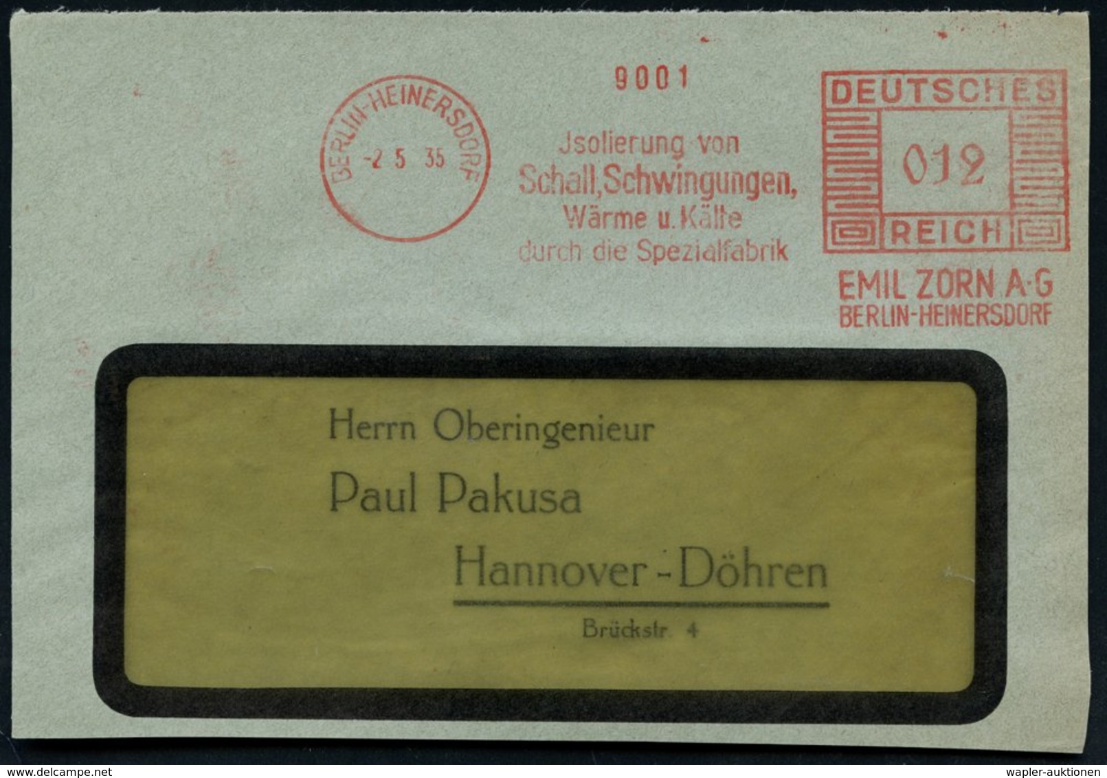 1935 (2.5.) BERLIN-HEINERSDORF, Absender-Freistempel: Jsolierung Von Schall, Schwingungen, Wärme U. Kälte.. EMIL ZORN AG - Altri & Non Classificati